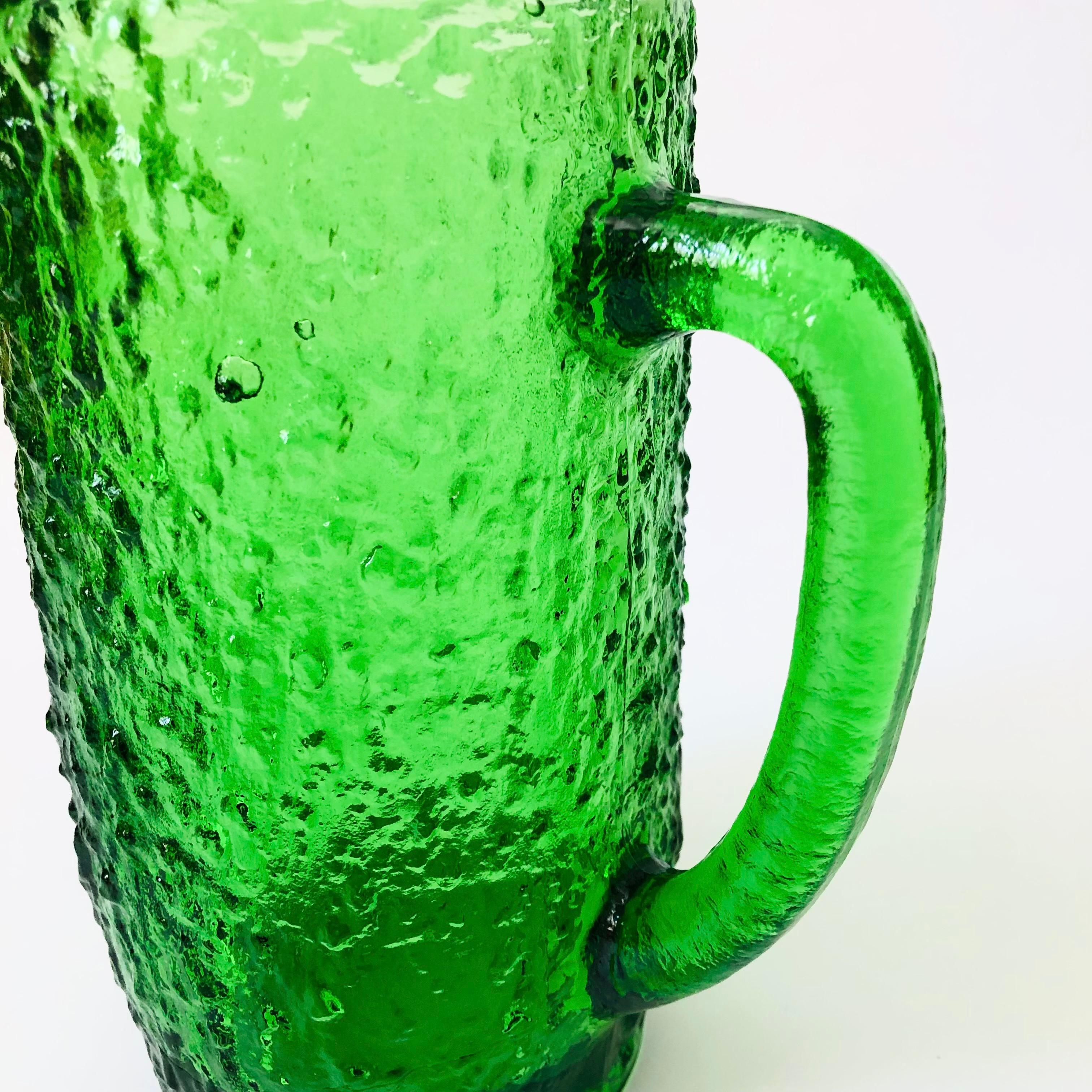 20th Century MCM Textured Green Glass Pitcher For Sale