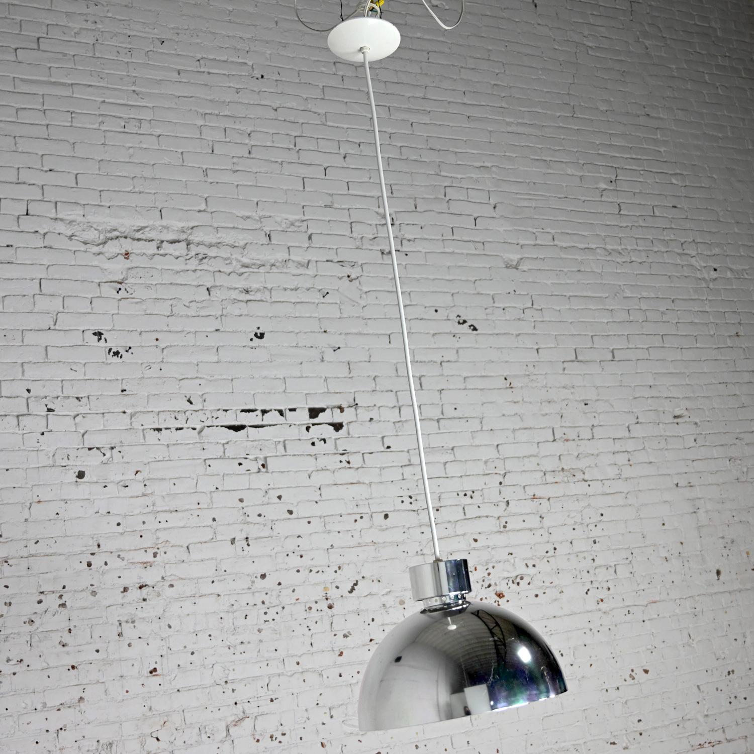 Handsome vintage Mid-Century Modern to Modern aluminum dome pendant hanging light fixtures 5 available, selling separately & priced per hanging light fixture. Beautiful condition, keeping in mind that these are vintage and not new so will have signs