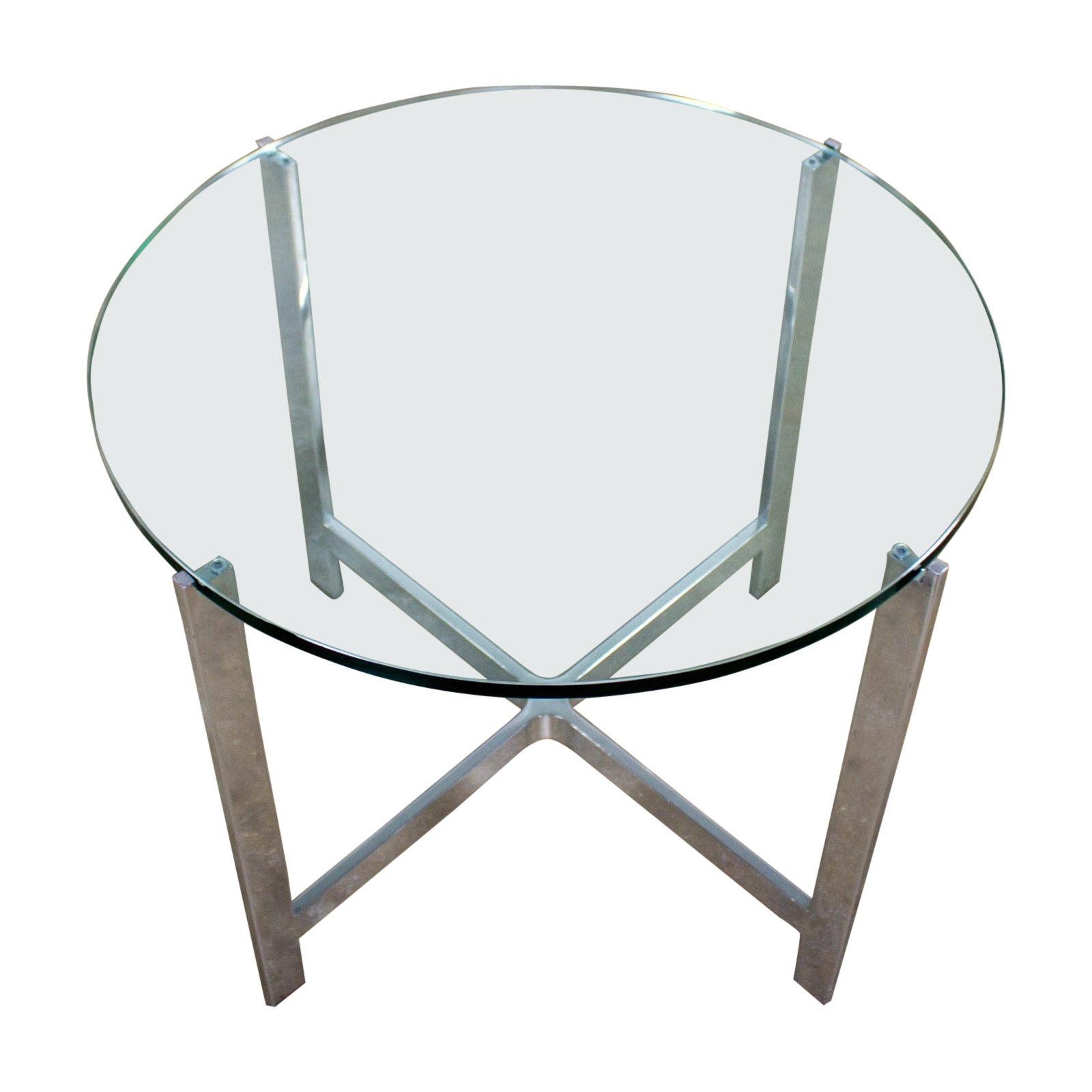 MCM to Modern End or Side Table Polished Solid Aluminum Base & Round Glass Top