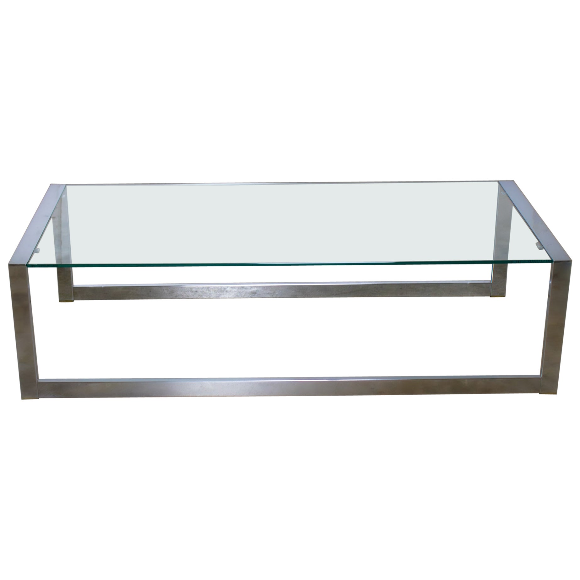 MCM to Modern Großer Couchtisch Chromrohrgestell mit Kufenfuß und Glasplatte im Angebot