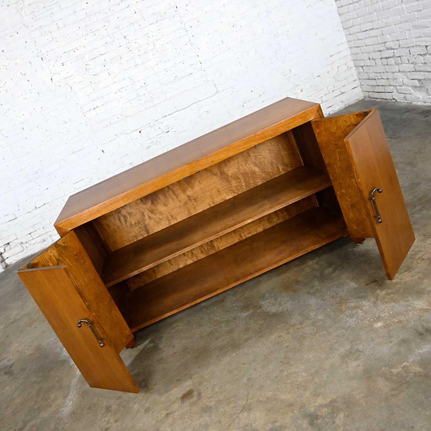 MCM to Modern Narrow Walnut Buffet Console Cabinet with Antique Brass Handles For Sale 1