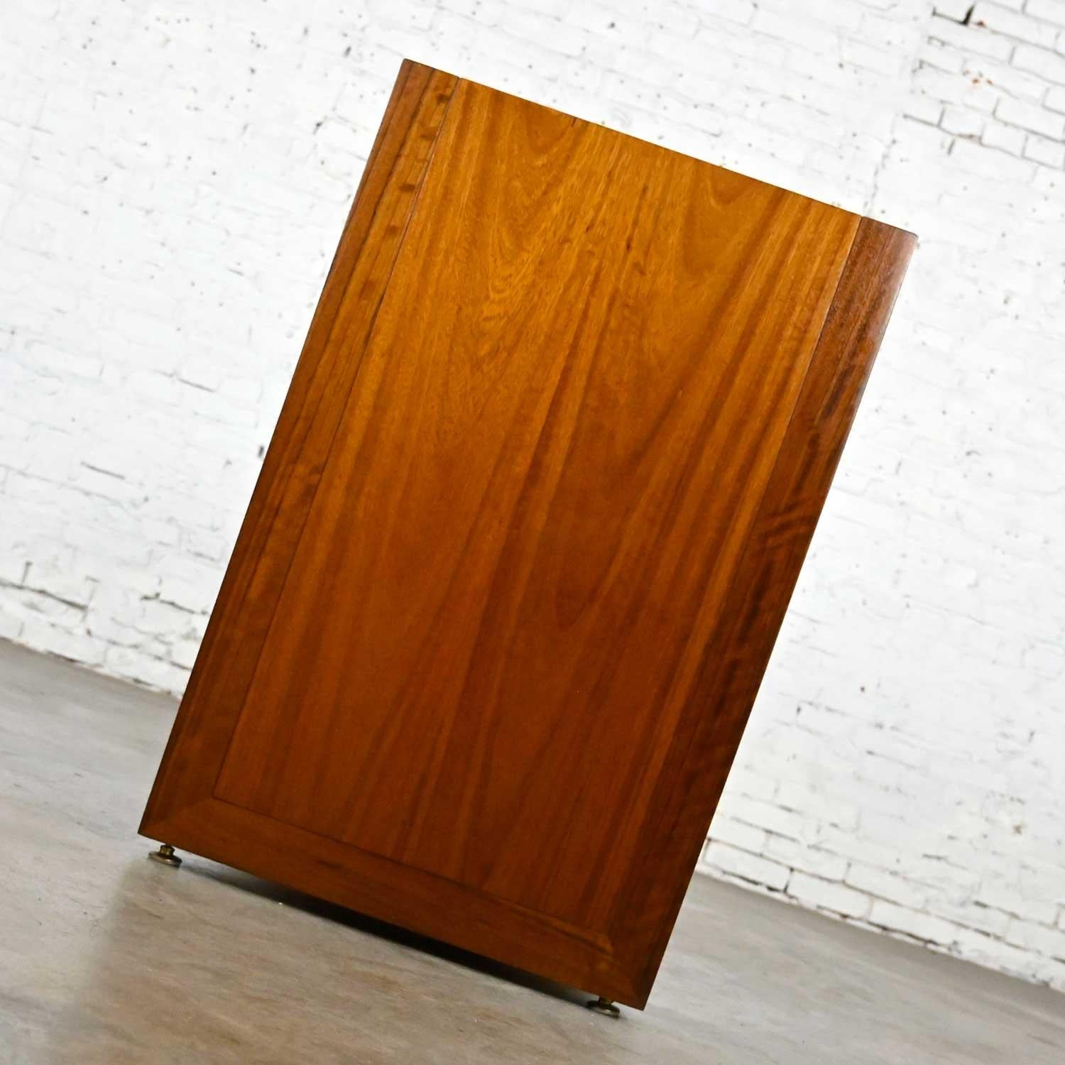 Veneer MCM to Modern Narrow Walnut Buffet Console Cabinet with Antique Brass Handles For Sale