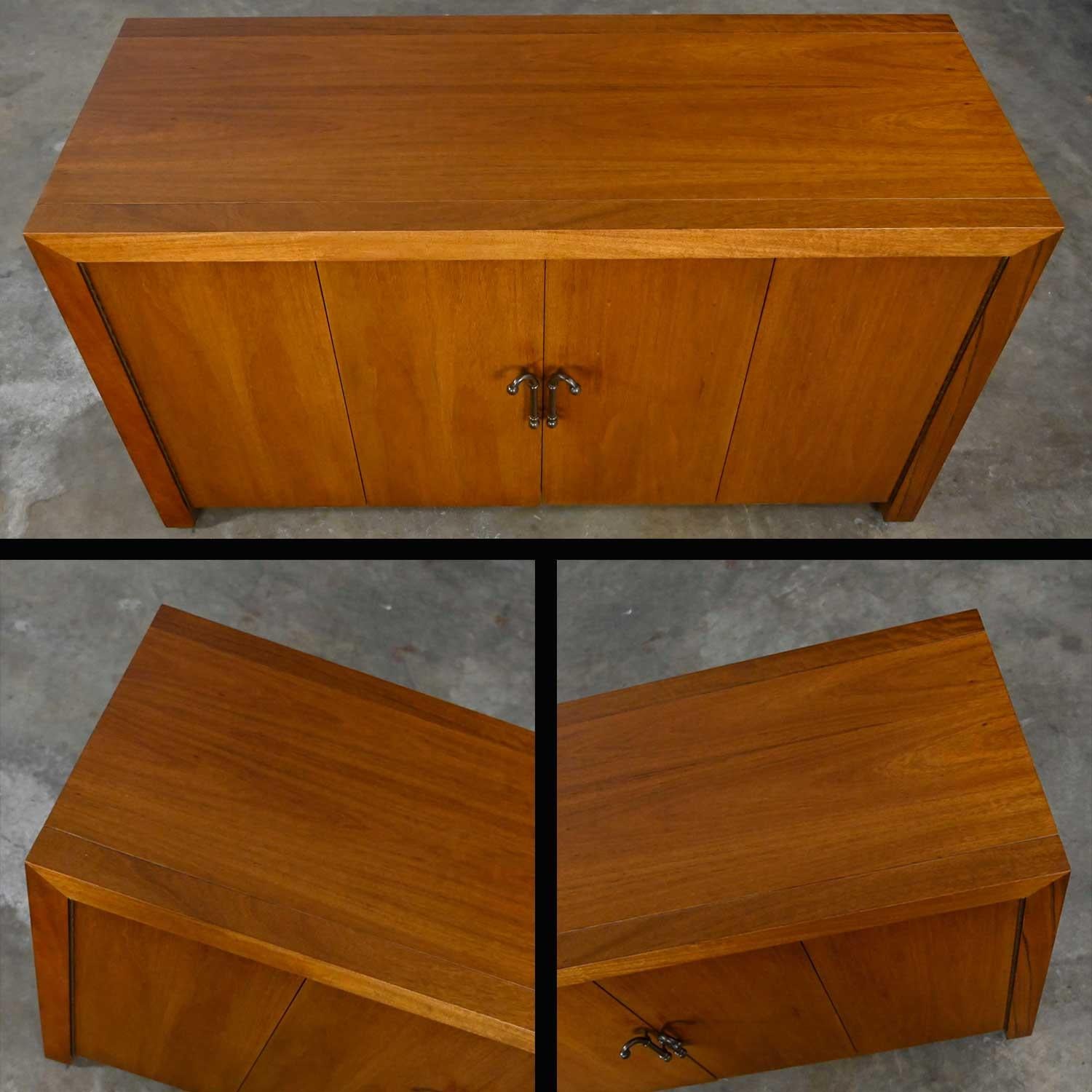 20th Century MCM to Modern Narrow Walnut Buffet Console Cabinet with Antique Brass Handles For Sale