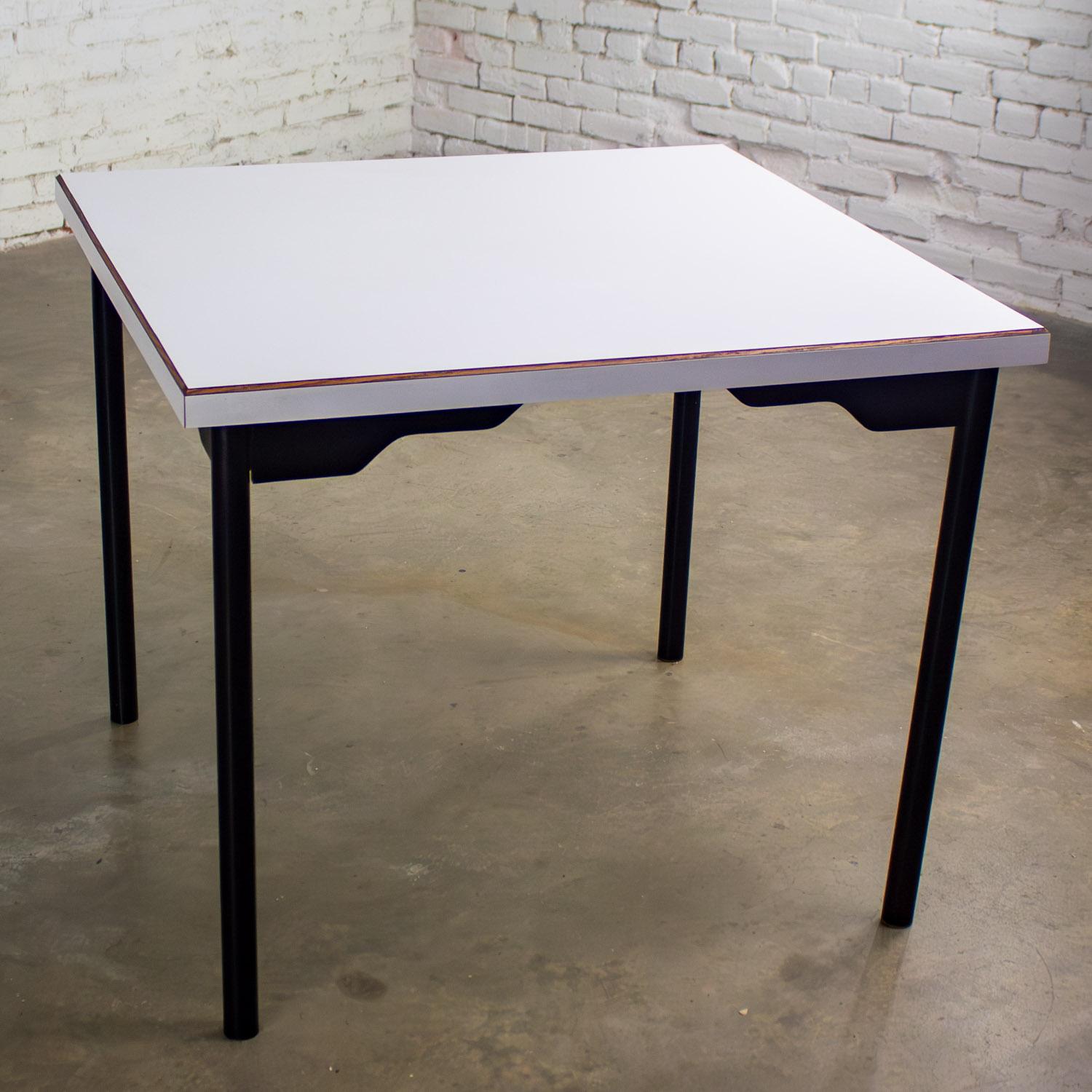 Mid-Century Modern MCM to Modern Square Dining Table w/Black Steel Tube Frame & White Laminate Top For Sale