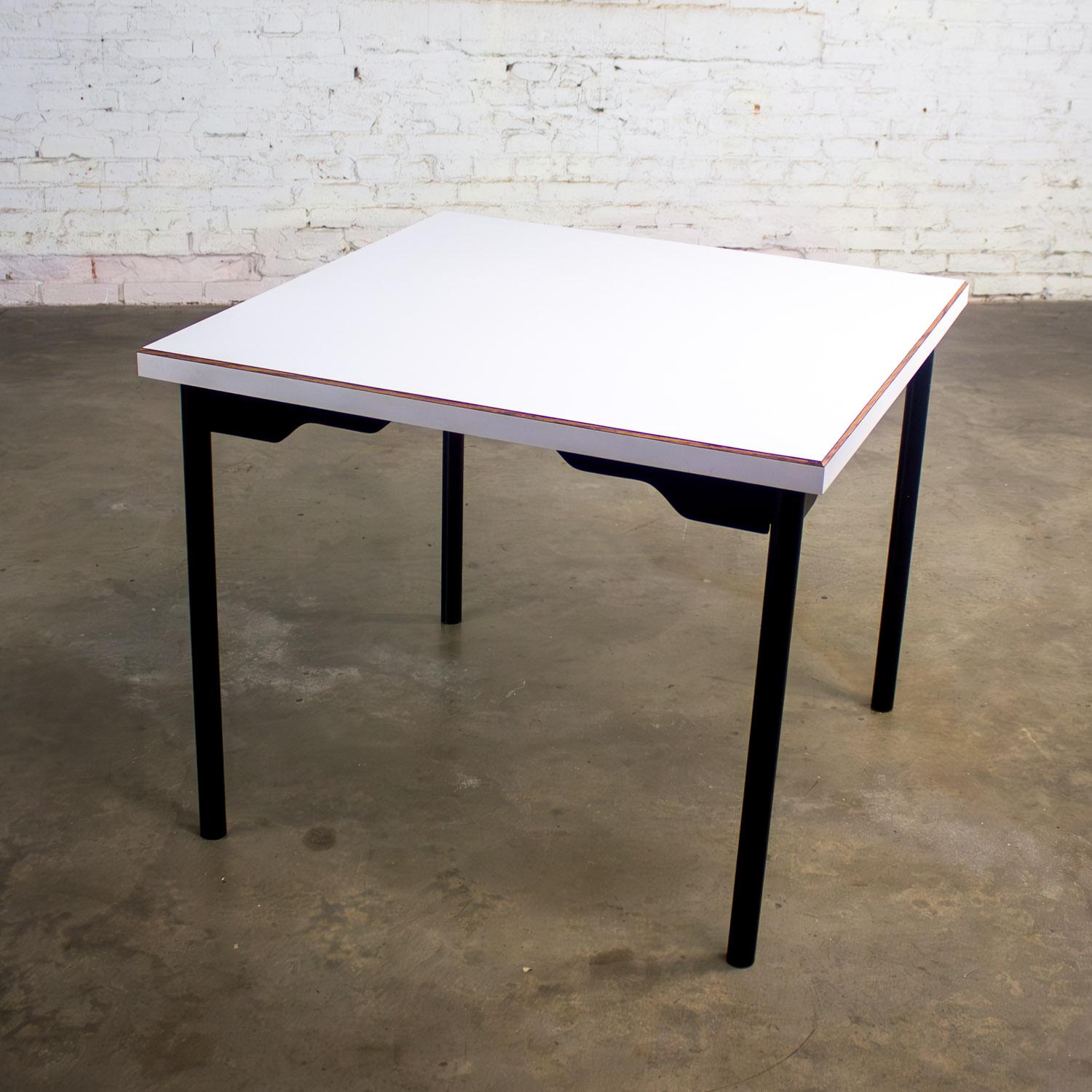 MCM to Modern Square Dining Table w/Black Steel Tube Frame & White Laminate Top For Sale 1