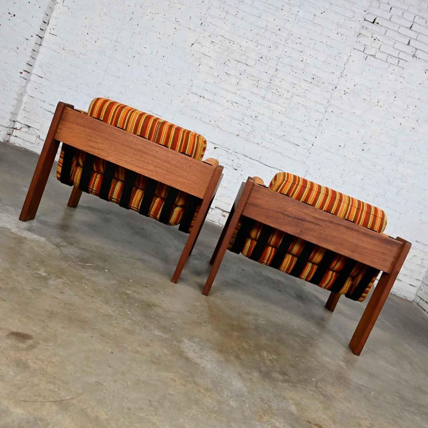 MCM to Modern Teak Orange Striped Club Chairs Style Tobia Scarpa or Lou Hodges 8