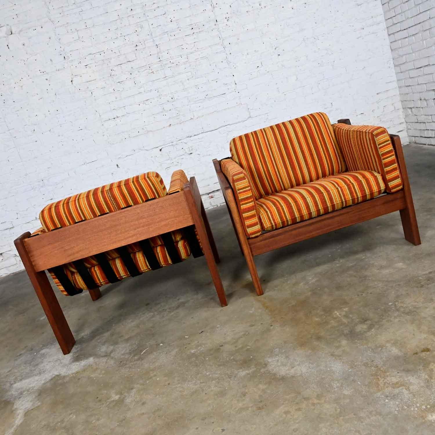 Unknown MCM to Modern Teak Orange Striped Club Chairs Style Tobia Scarpa or Lou Hodges