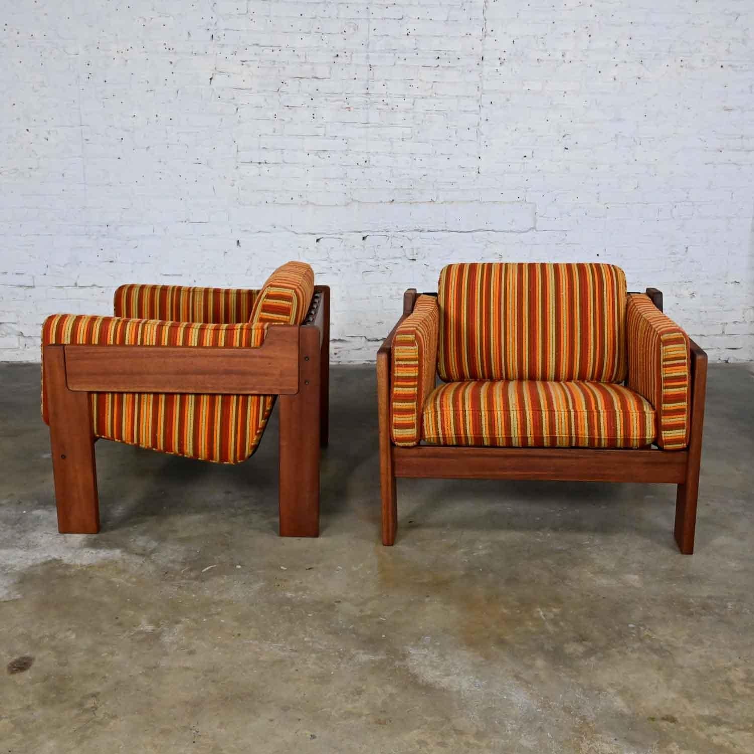 20th Century MCM to Modern Teak Orange Striped Club Chairs Style Tobia Scarpa or Lou Hodges