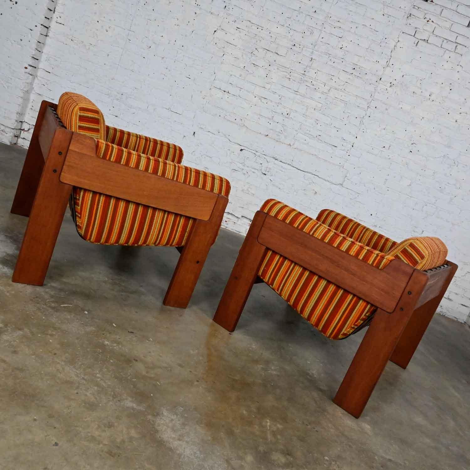 Steel MCM to Modern Teak Orange Striped Club Chairs Style Tobia Scarpa or Lou Hodges