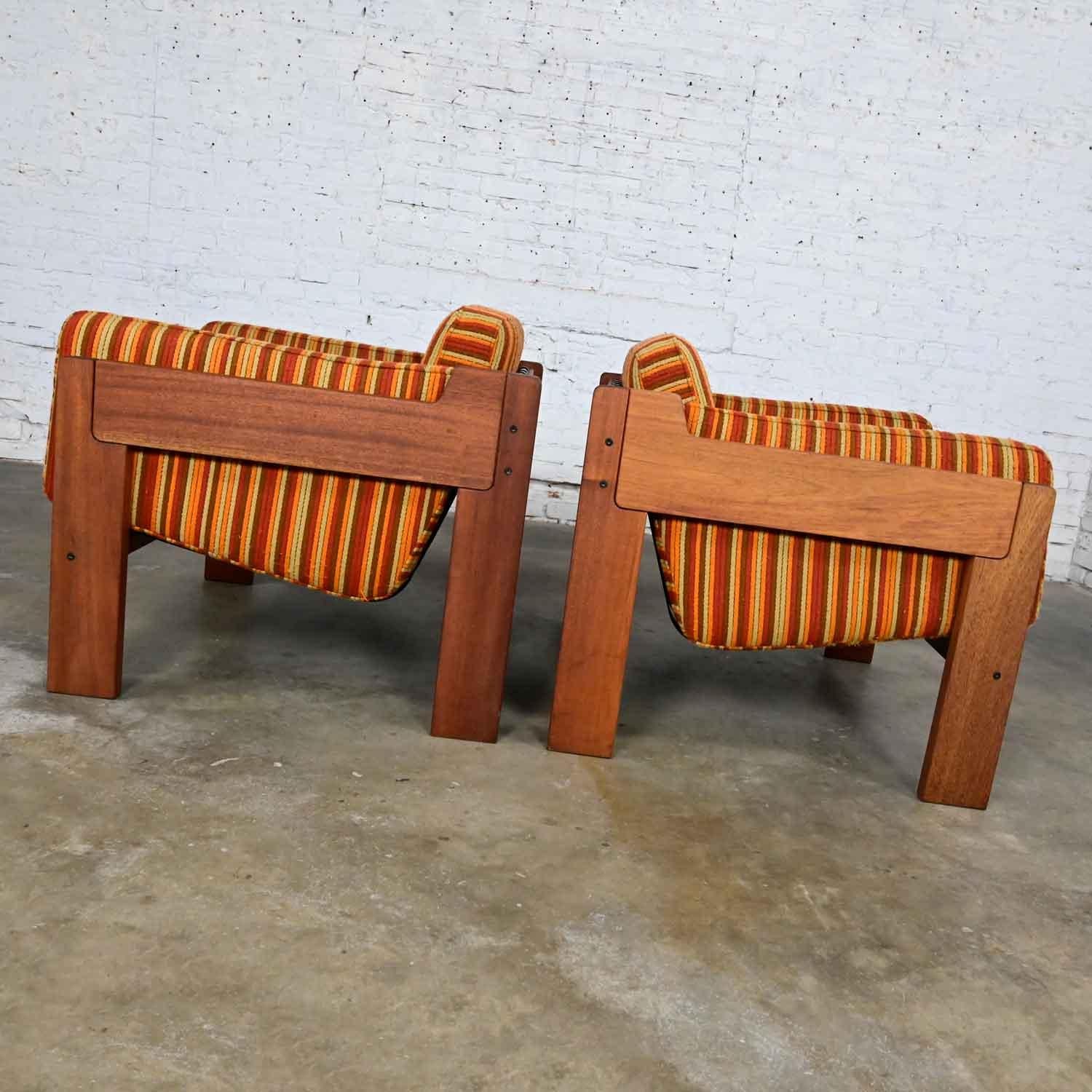 MCM to Modern Teak Orange Striped Club Chairs Style Tobia Scarpa or Lou Hodges 1