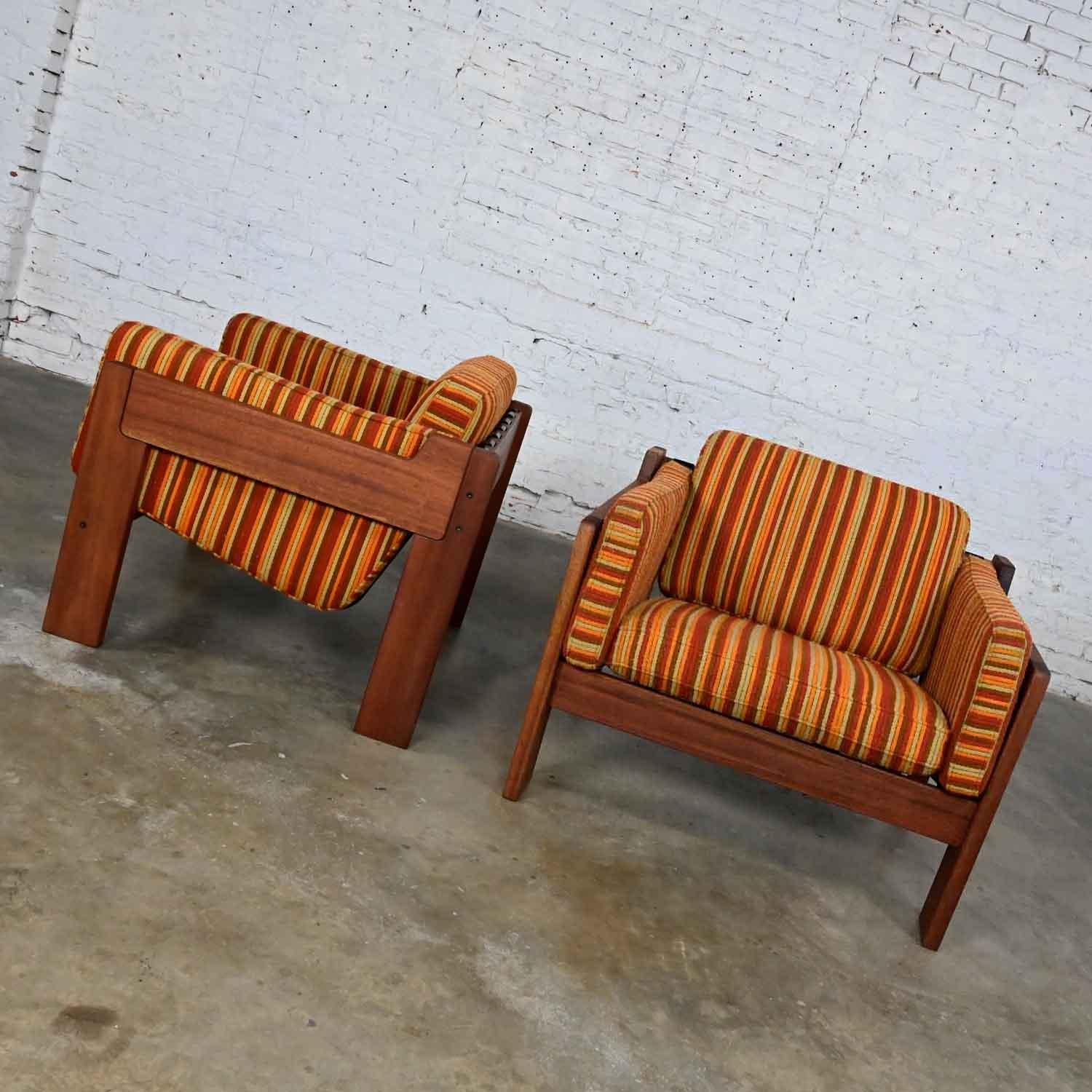 MCM to Modern Teak Orange Striped Club Chairs Style Tobia Scarpa or Lou Hodges 2