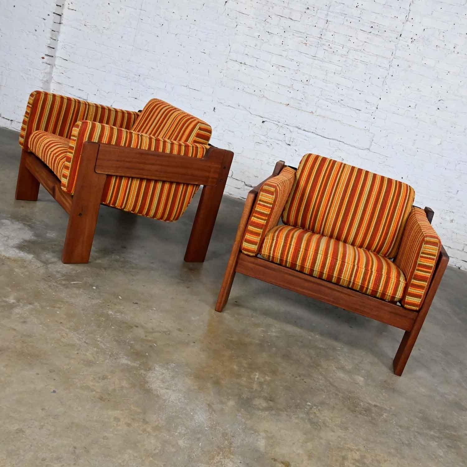 MCM to Modern Teak Orange Striped Club Chairs Style Tobia Scarpa or Lou Hodges 3