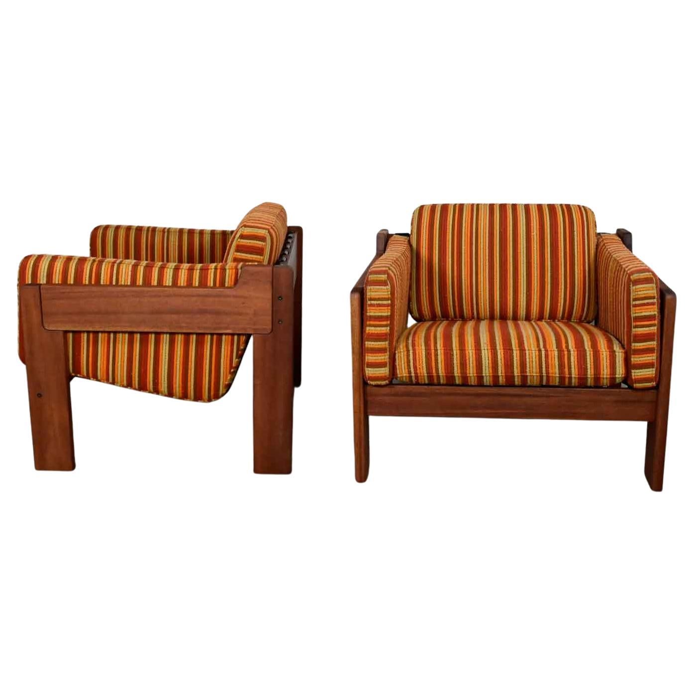 MCM to Modern Teak Orange Striped Club Chairs Style Tobia Scarpa or Lou Hodges