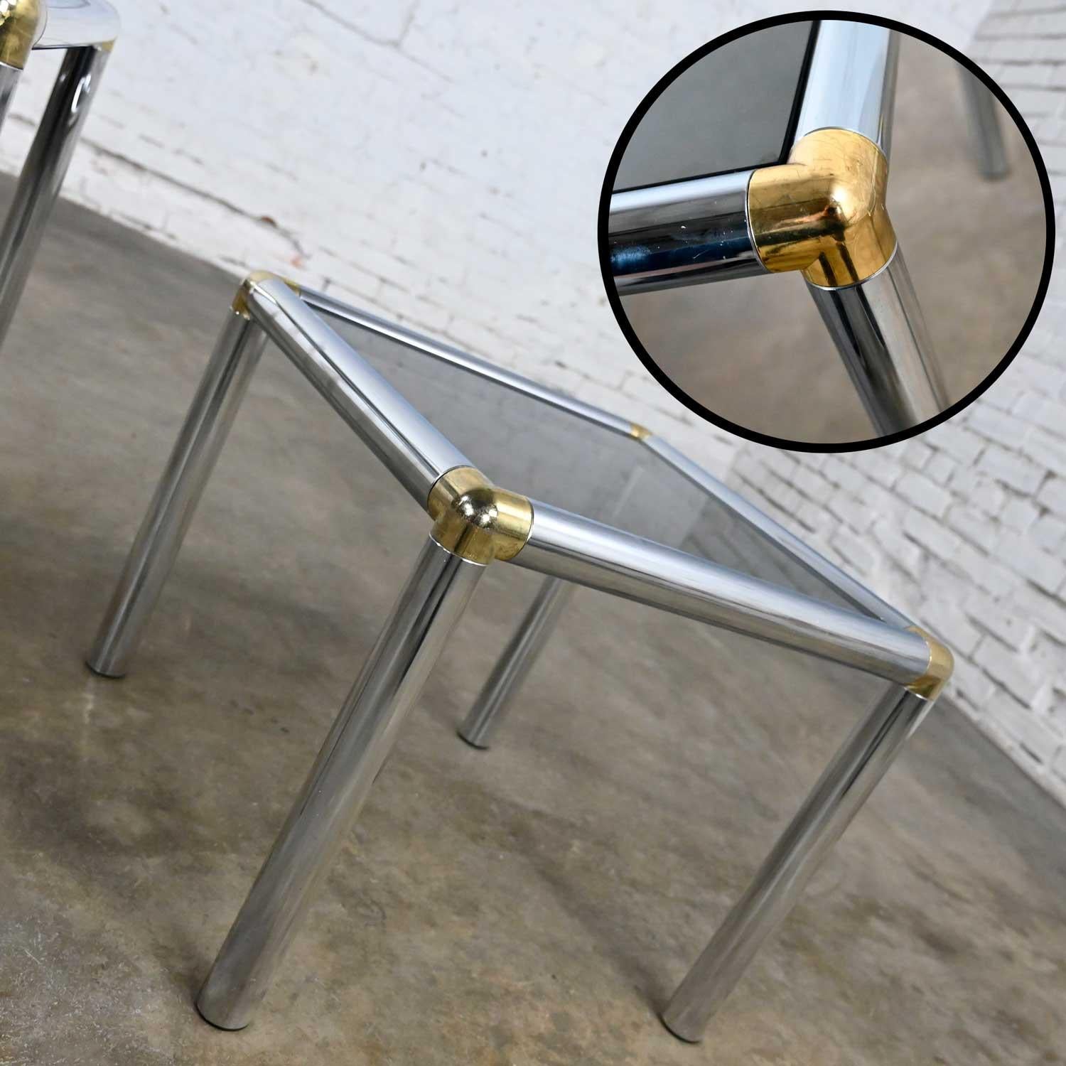 MCM to Modern Tubular Chrome Brass & Smoke Glass Trio of Cocktail or End Table For Sale 9