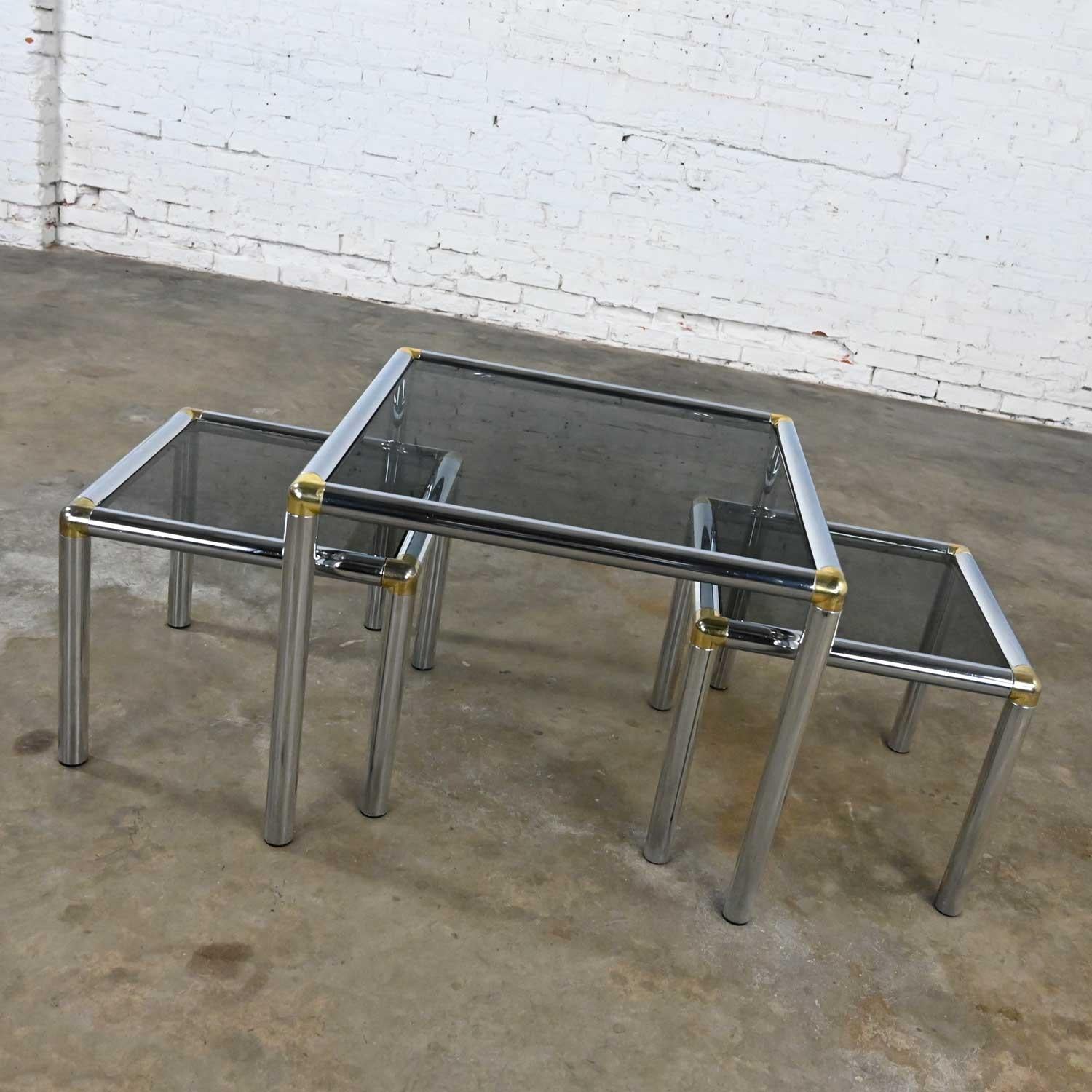 Unknown MCM to Modern Tubular Chrome Brass & Smoke Glass Trio of Cocktail or End Table For Sale