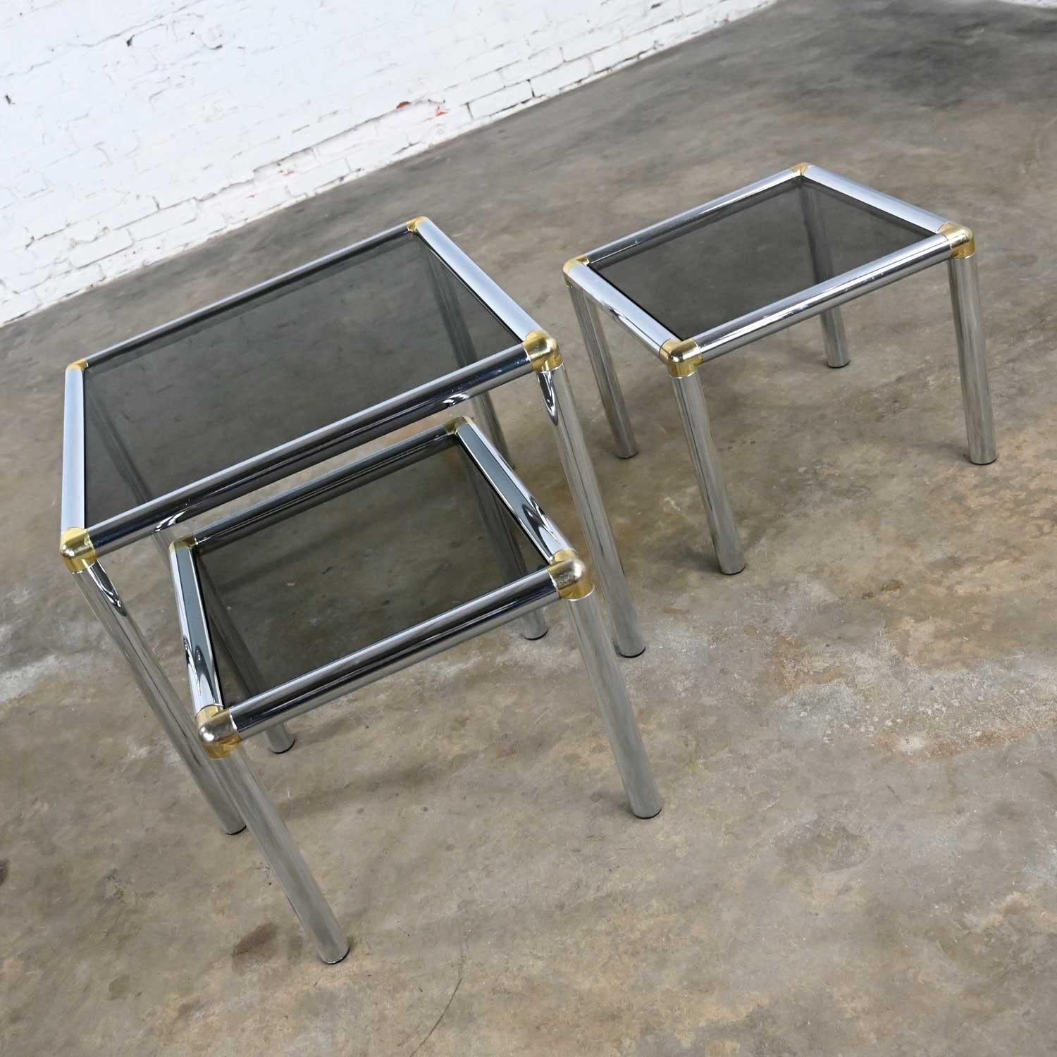 Plated MCM to Modern Tubular Chrome Brass & Smoke Glass Trio of Cocktail or End Table For Sale