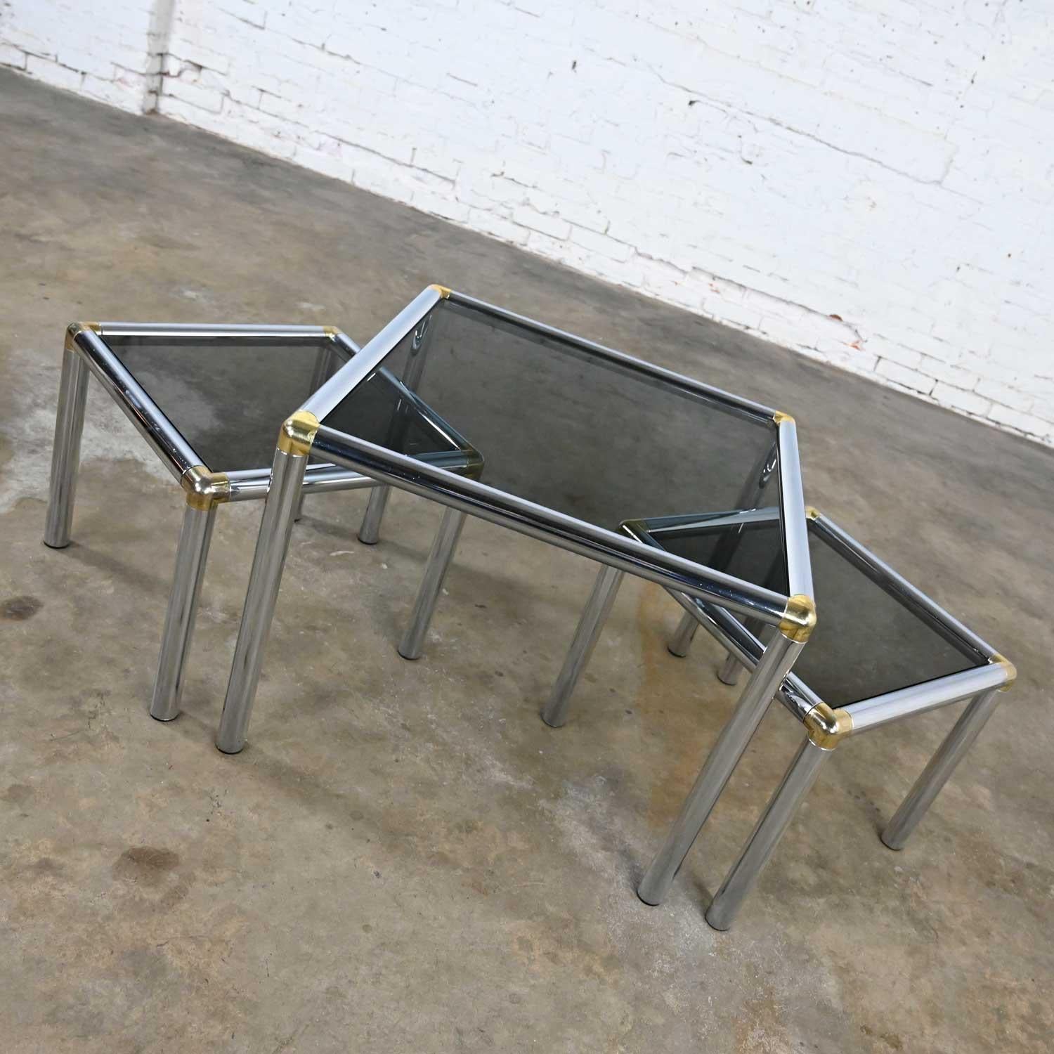 MCM to Modern Tubular Chrome Brass & Smoke Glass Trio of Cocktail or End Table In Good Condition For Sale In Topeka, KS