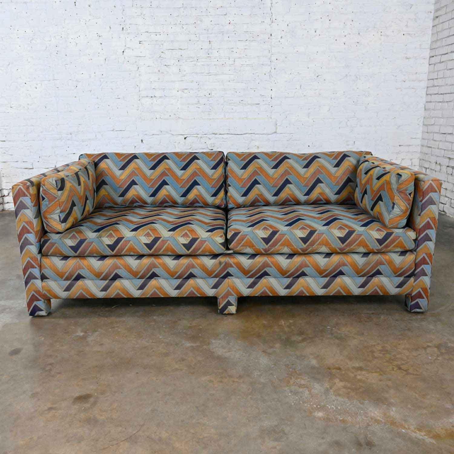 20th Century MCM to Modern Tuxedo Cube Sofa Upholstered Legs by Henredon Style Milo Baughman