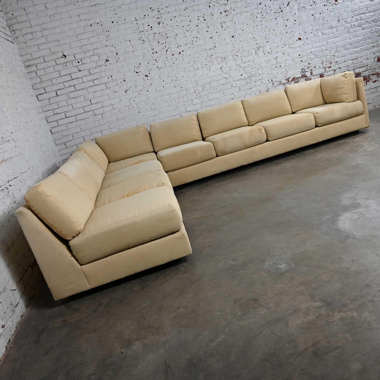 Wonderful vintage MCM (a.k.a.) Mid-Century Modern to modern tuxedo style custom sectional sofa by Classic Gallery. This listing price is for frame only. It will need reupholstery. See note below for details. Comprised of 3 sections: One 3 seat