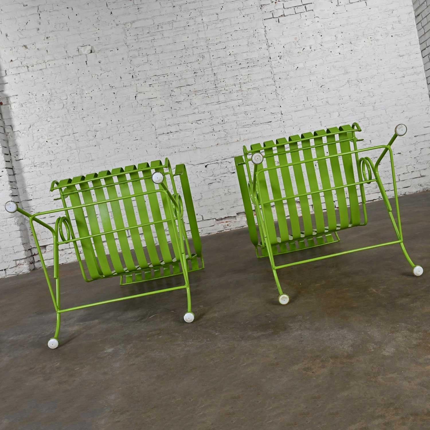 Steel MCM Tropical Leaf Green Painted Metal Outdoor Slatted Springer Chairs a Pair For Sale