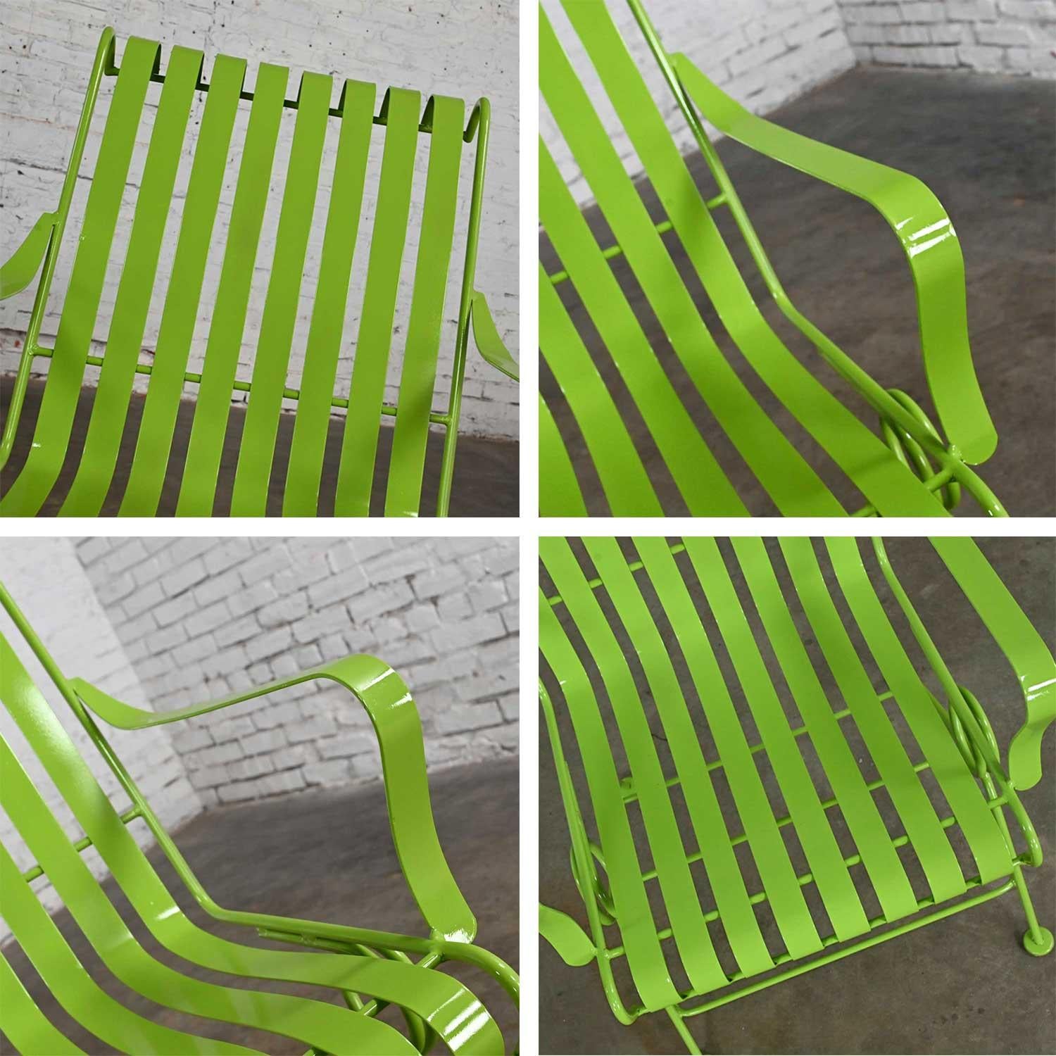 MCM Tropical Leaf Green Painted Metal Outdoor Slatted Springer Chairs a Pair For Sale 1