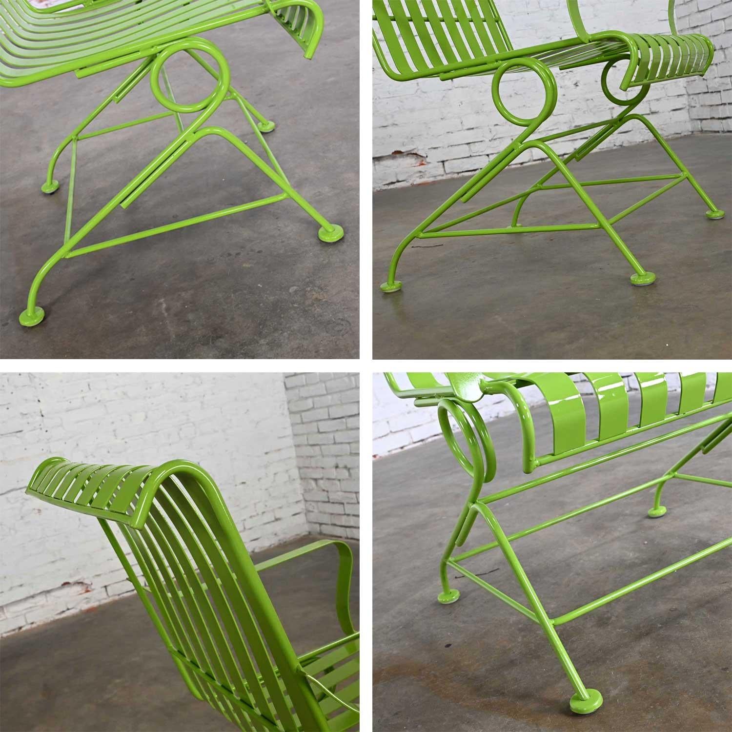 MCM Tropical Leaf Green Painted Metal Outdoor Slatted Springer Chairs a Pair For Sale 2