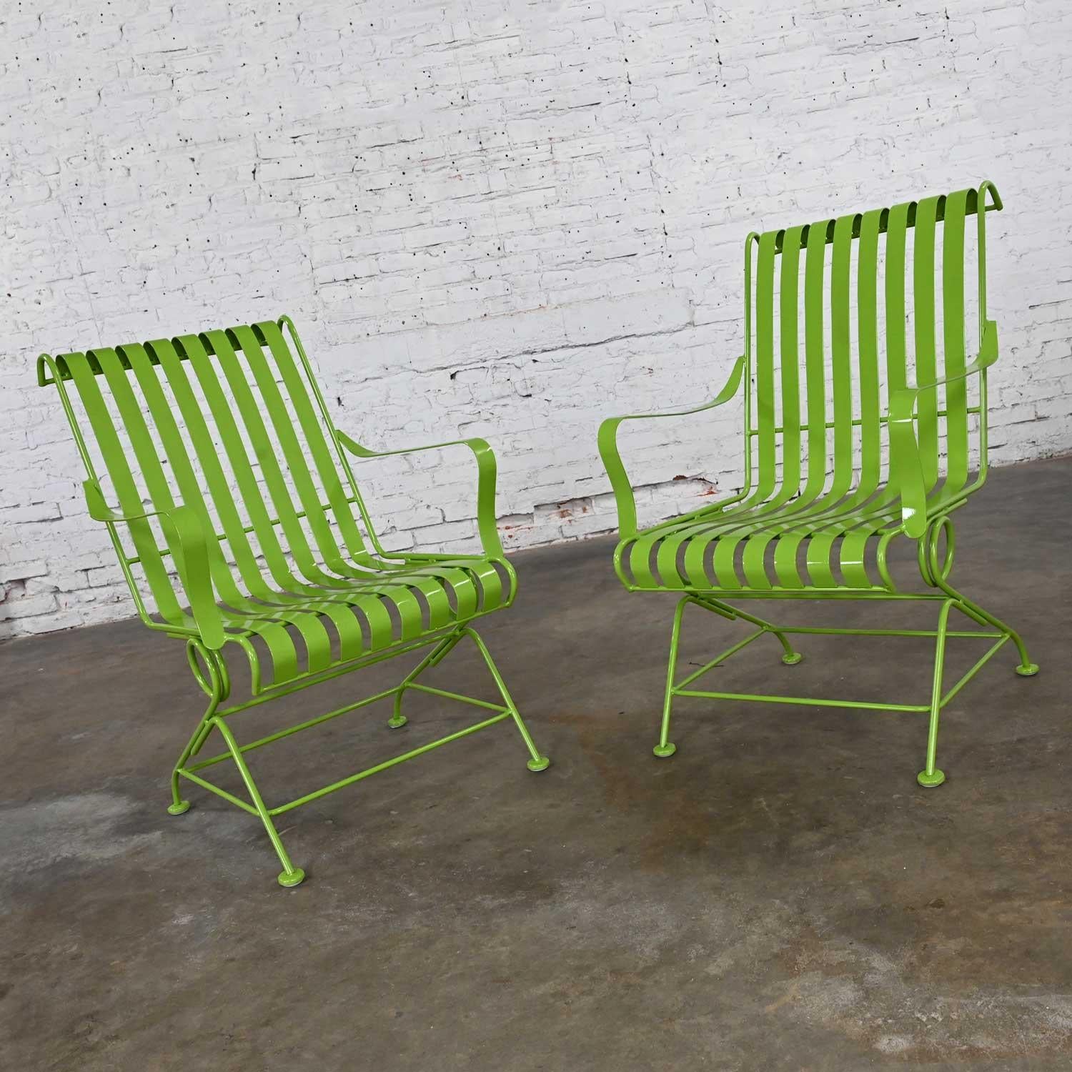 MCM Tropical Leaf Green Painted Metal Outdoor Slatted Springer Chairs a Pair For Sale 3