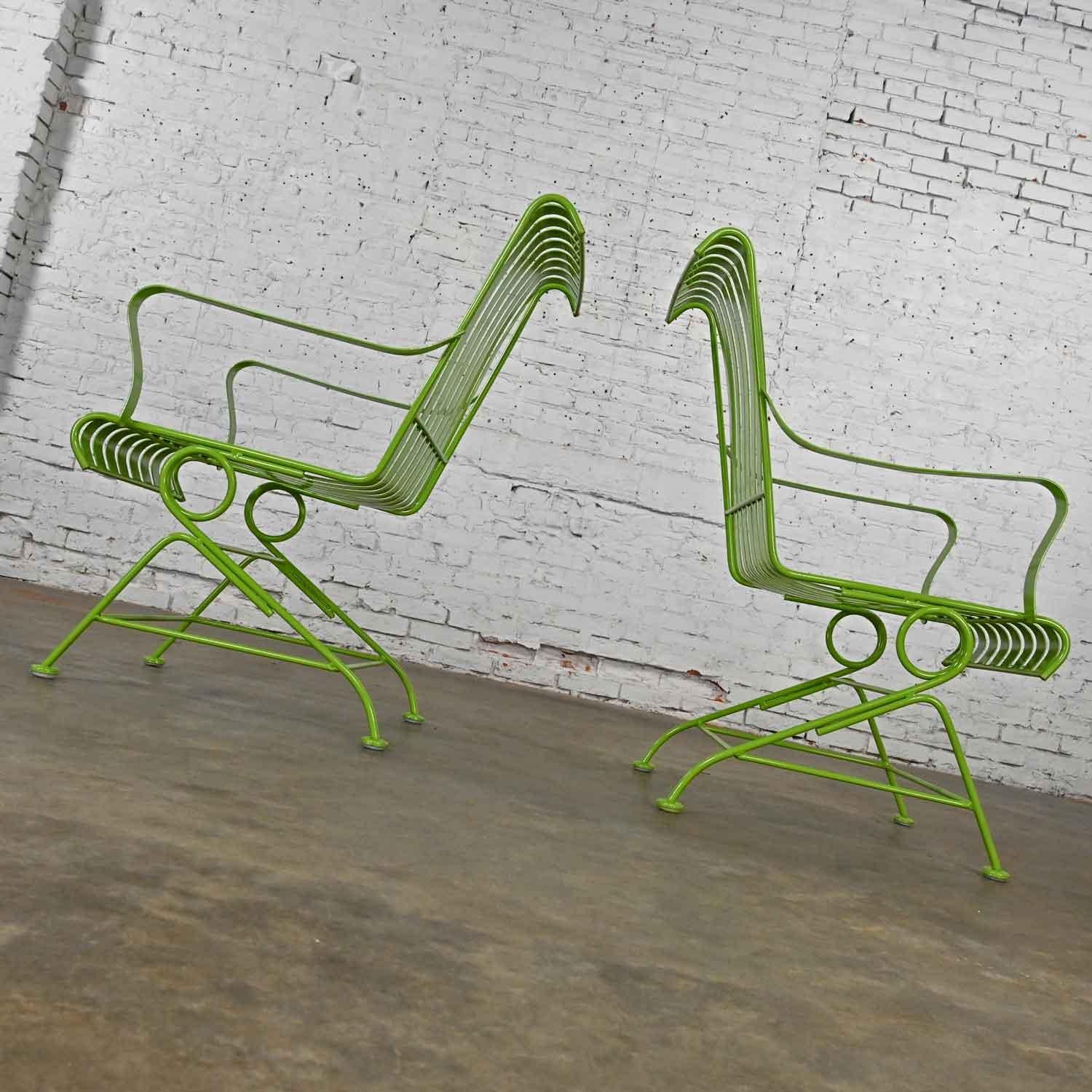 Unknown MCM Tropical Leaf Green Painted Metal Outdoor Slatted Springer Chairs a Pair For Sale