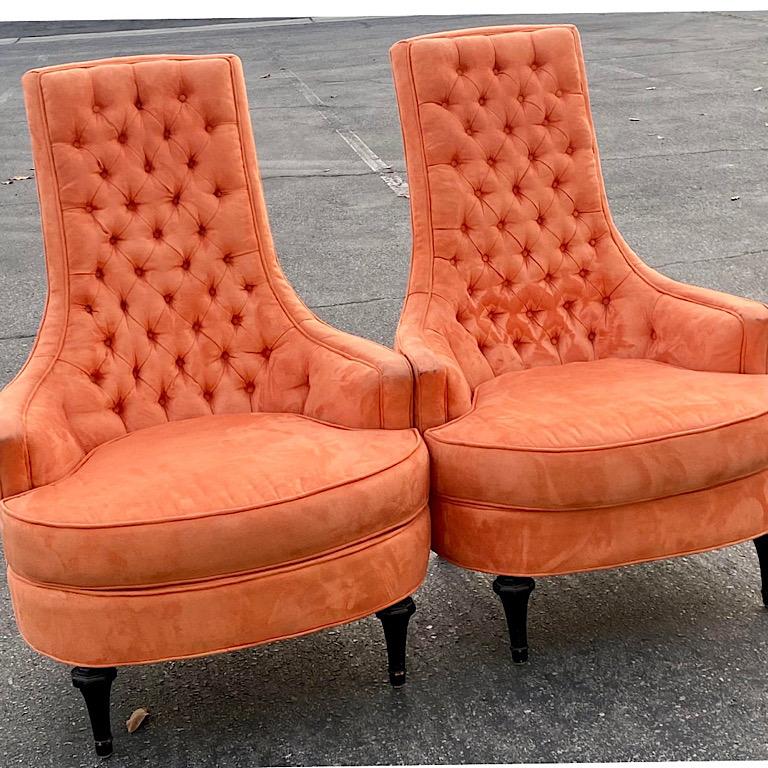 Fabric MCM Tufted Highback Chairs, a Pair