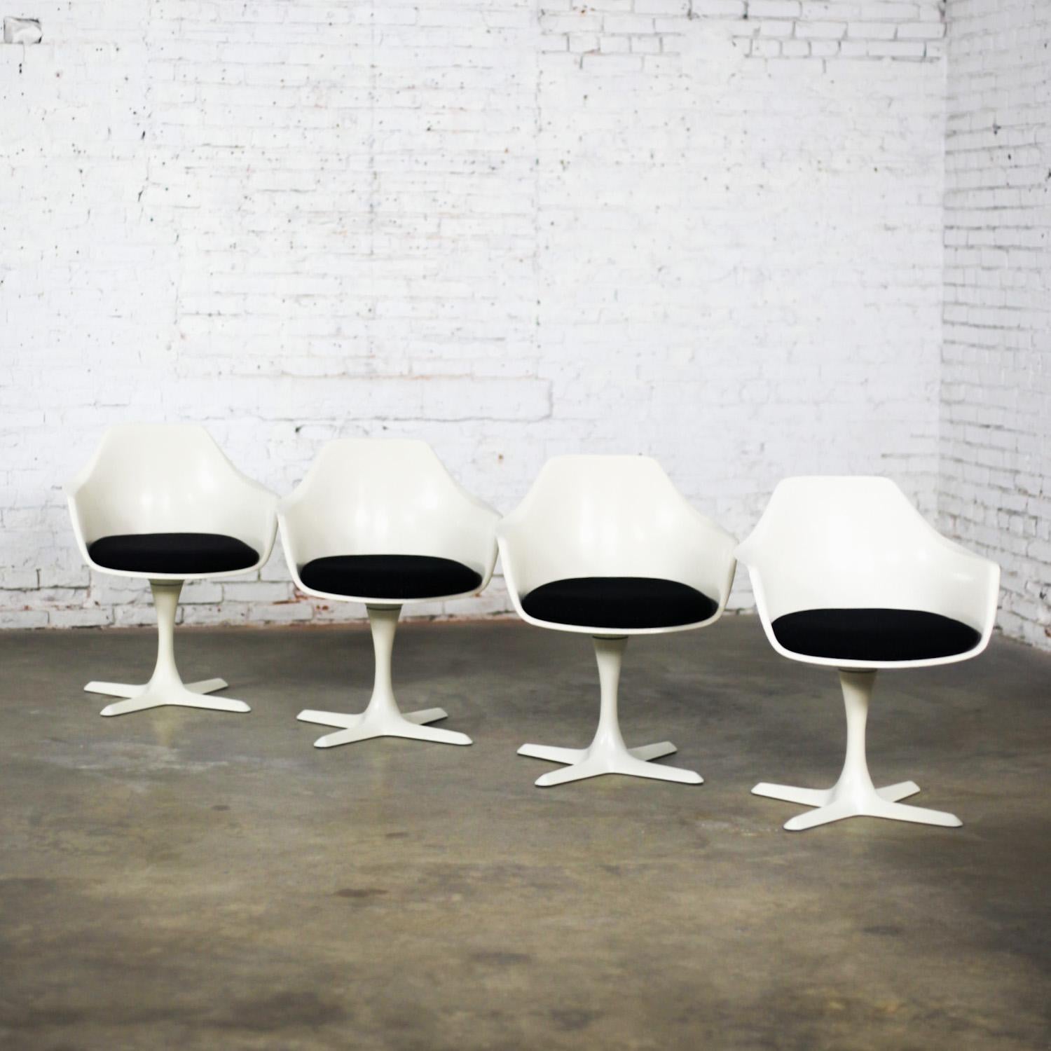 American MCM Tulip Swivel Armchairs White Shell & Black Cushions by Burke Set of 4 For Sale
