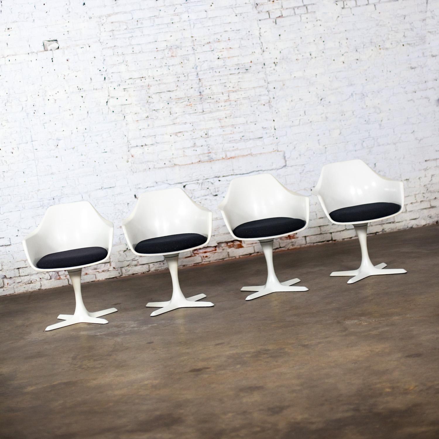 Molded MCM Tulip Swivel Armchairs White Shell & Black Cushions by Burke Set of 4 For Sale