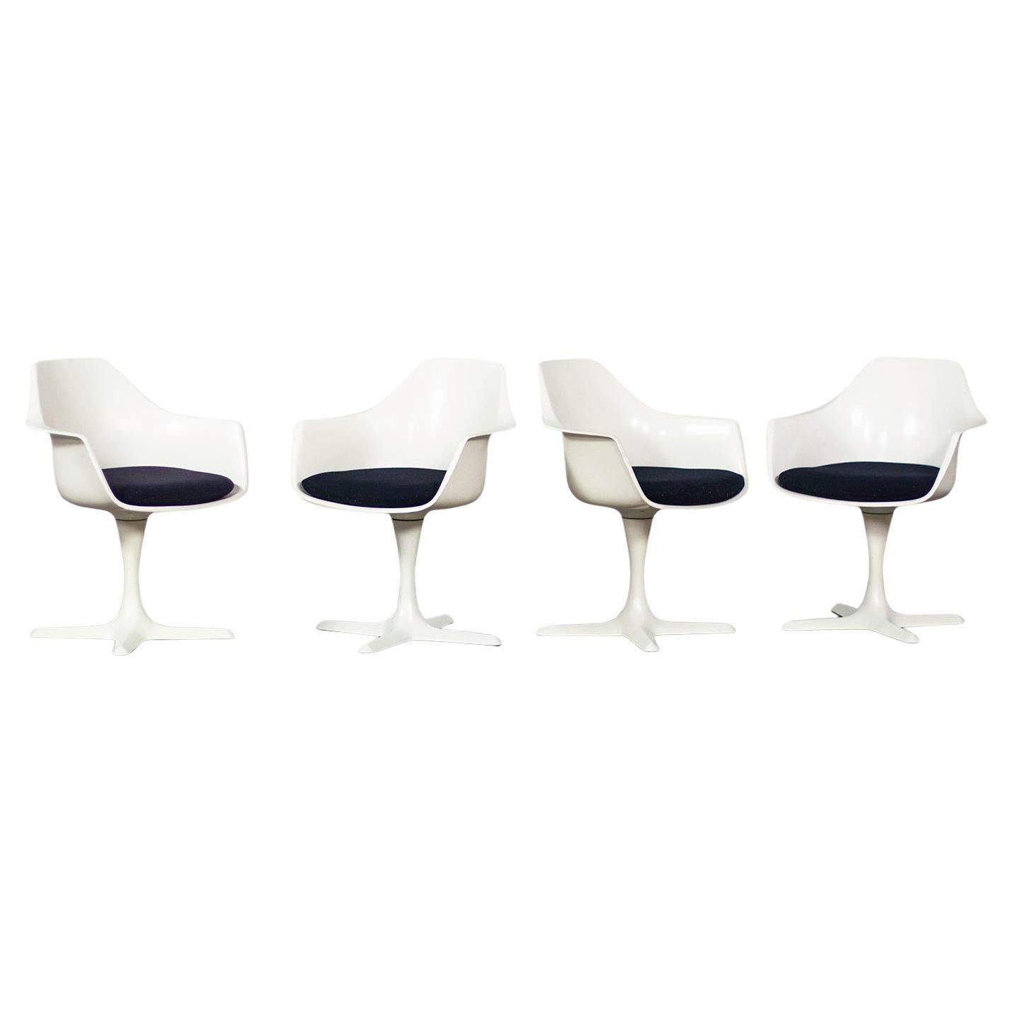 MCM Tulip Swivel Armchairs White Shell & Black Cushions by Burke Set of 4