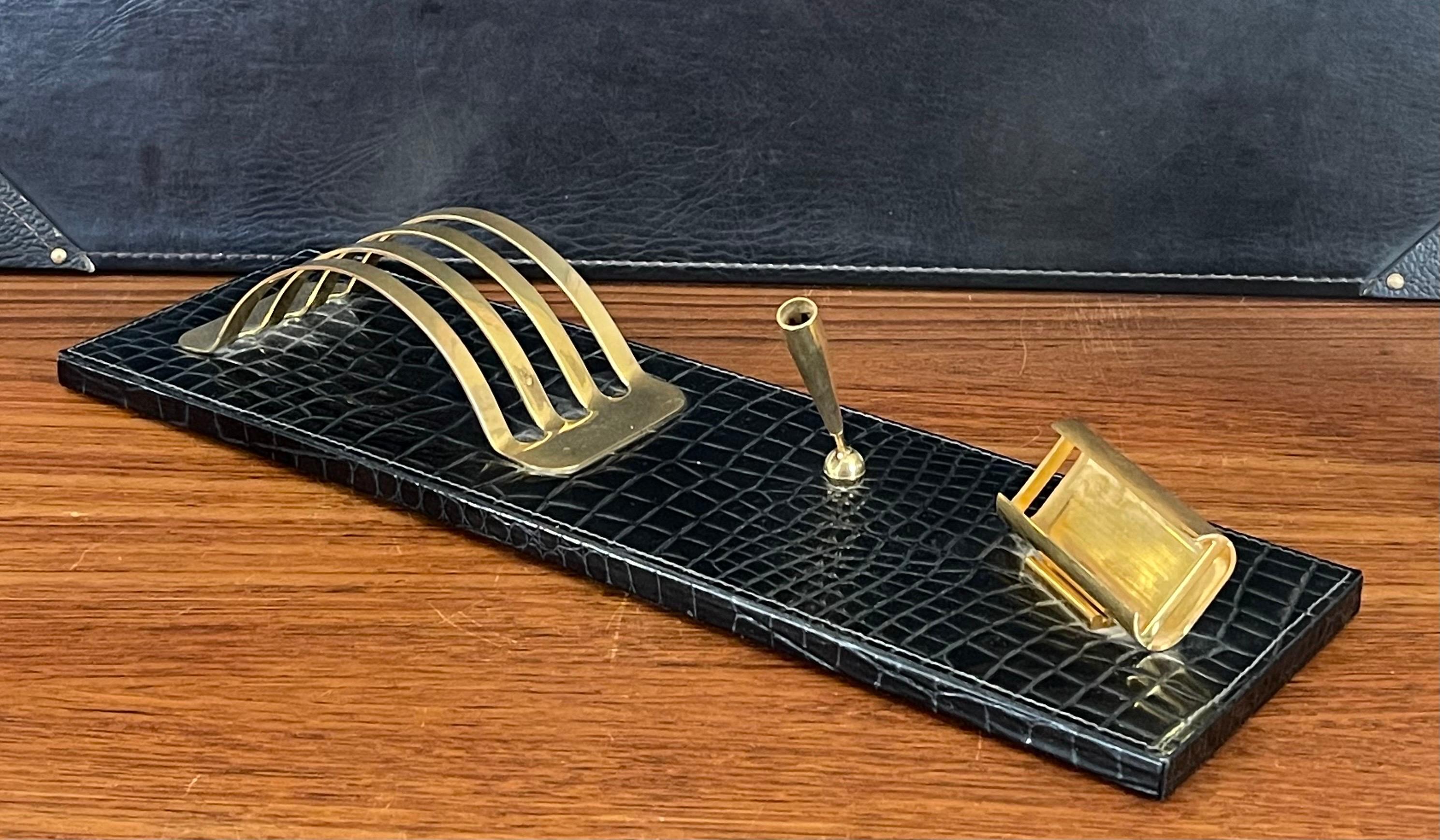 MCM Two Piece Brass and Faux Crocodile Desk Set For Sale 5