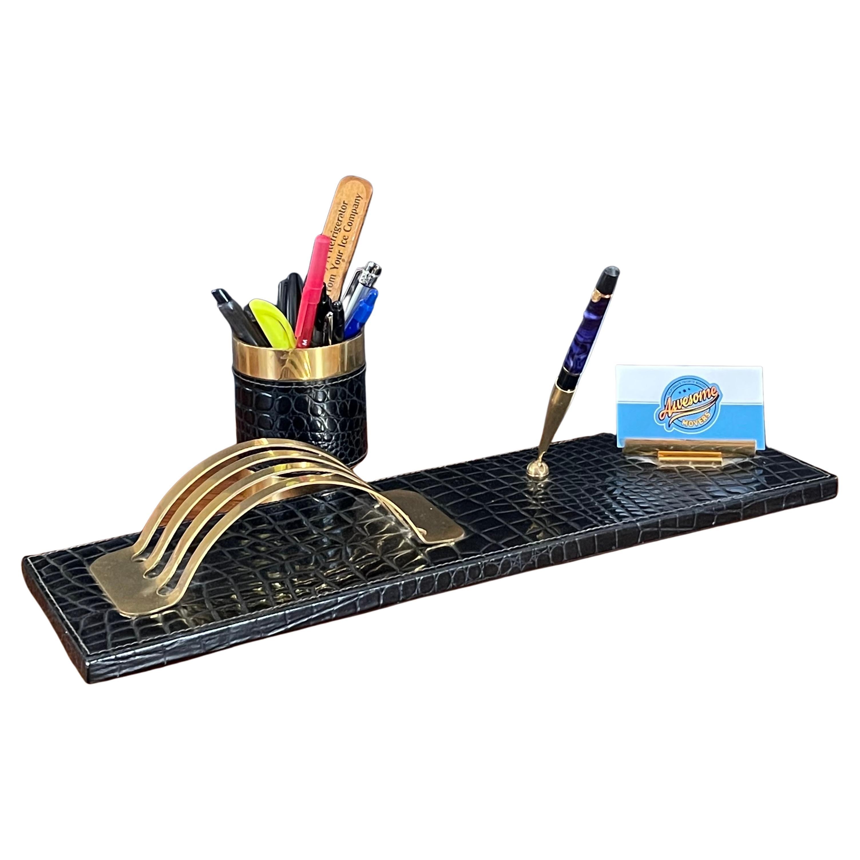 MCM Two Piece Brass and Faux Crocodile Desk Set For Sale 6