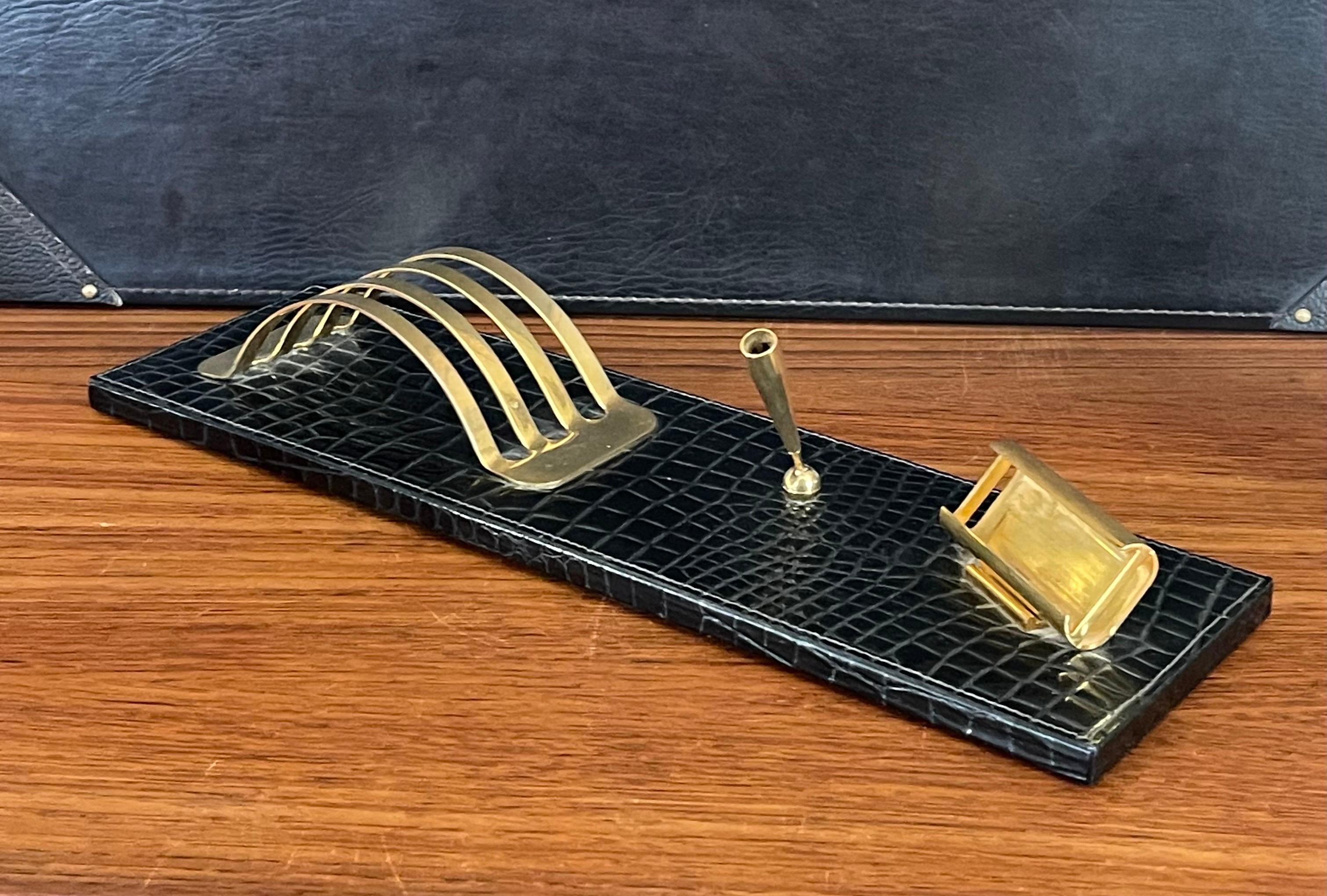 MCM Two Piece Brass and Faux Crocodile Desk Set In Good Condition For Sale In San Diego, CA