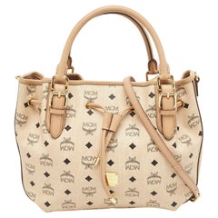 MCM Two Tone Beige Visetos Coated Canvas and Leather Drawstring Tote