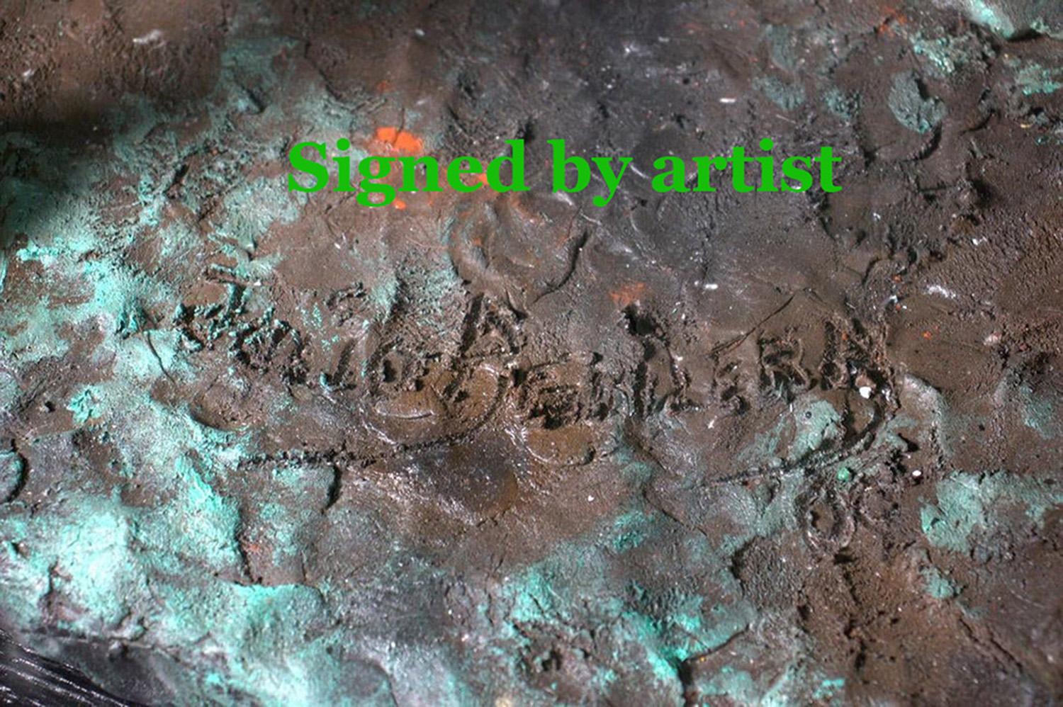 MCM Unique Artist Signed Verdigris Finished Don Quixote Man and Horse Sculpture In Good Condition In Swedesboro, NJ