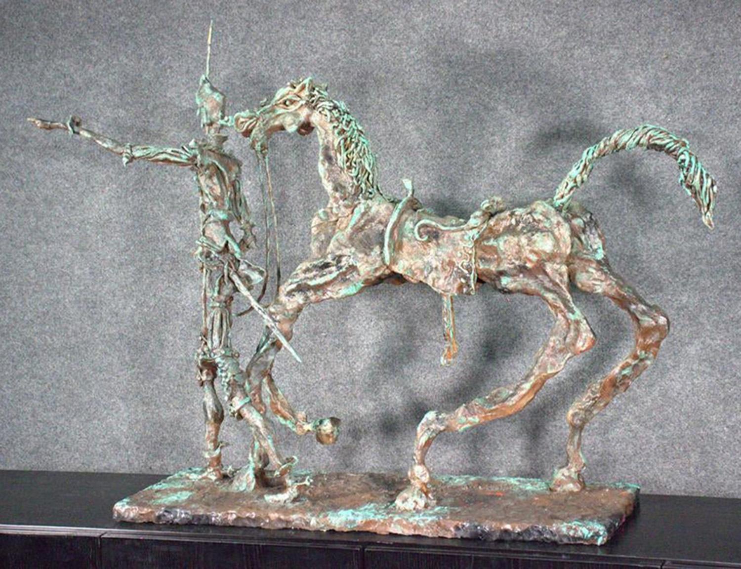 Mid-20th Century MCM Unique Artist Signed Verdigris Finished Don Quixote Man and Horse Sculpture