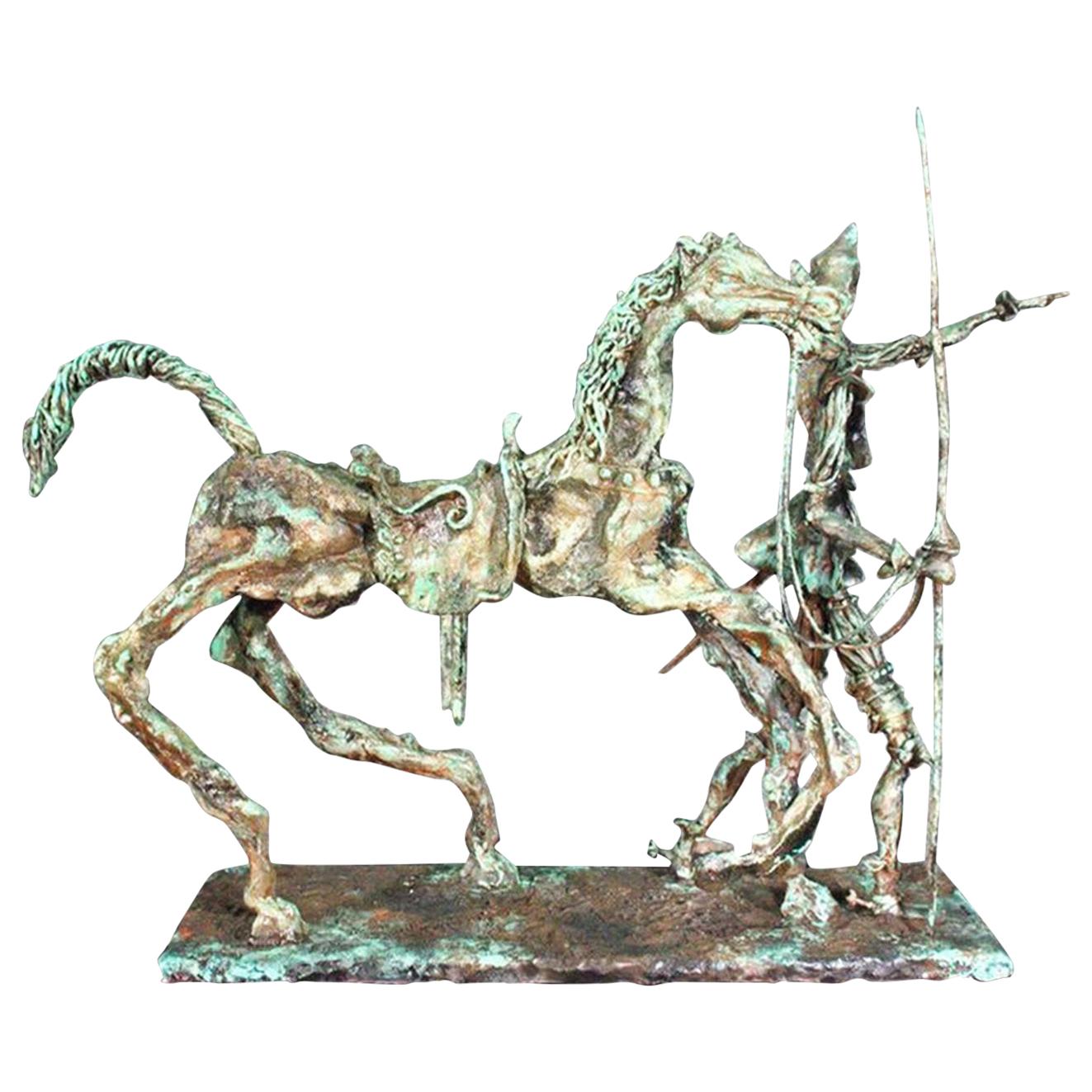 MCM Unique Artist Signed Verdigris Finished Don Quixote Man and Horse Sculpture