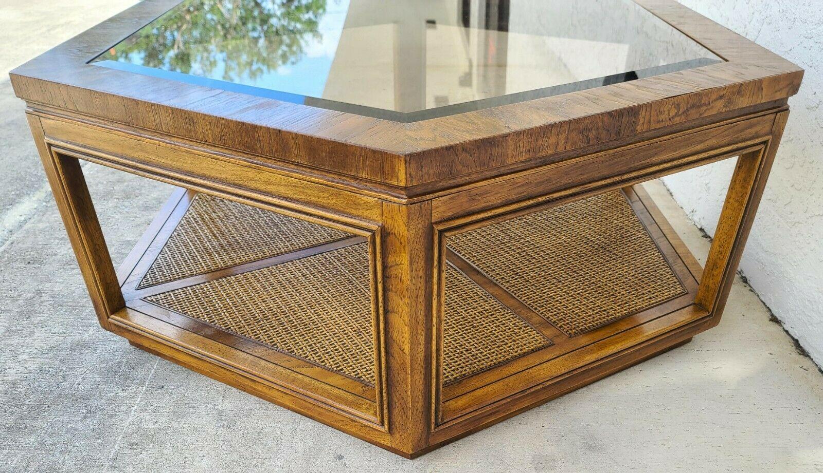 Vintage Accolade Hexagonal Glass Wicker Coffee Table by Drexel 1