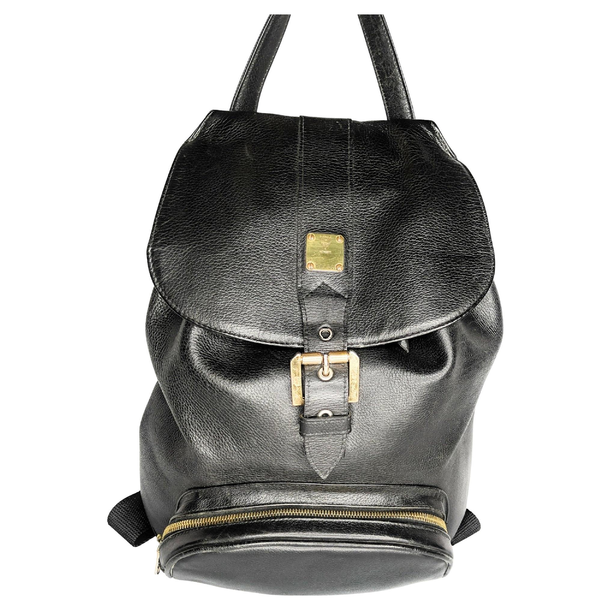 MCM Vintage Noir Sac à dos unisexe en cuir de veau véritable