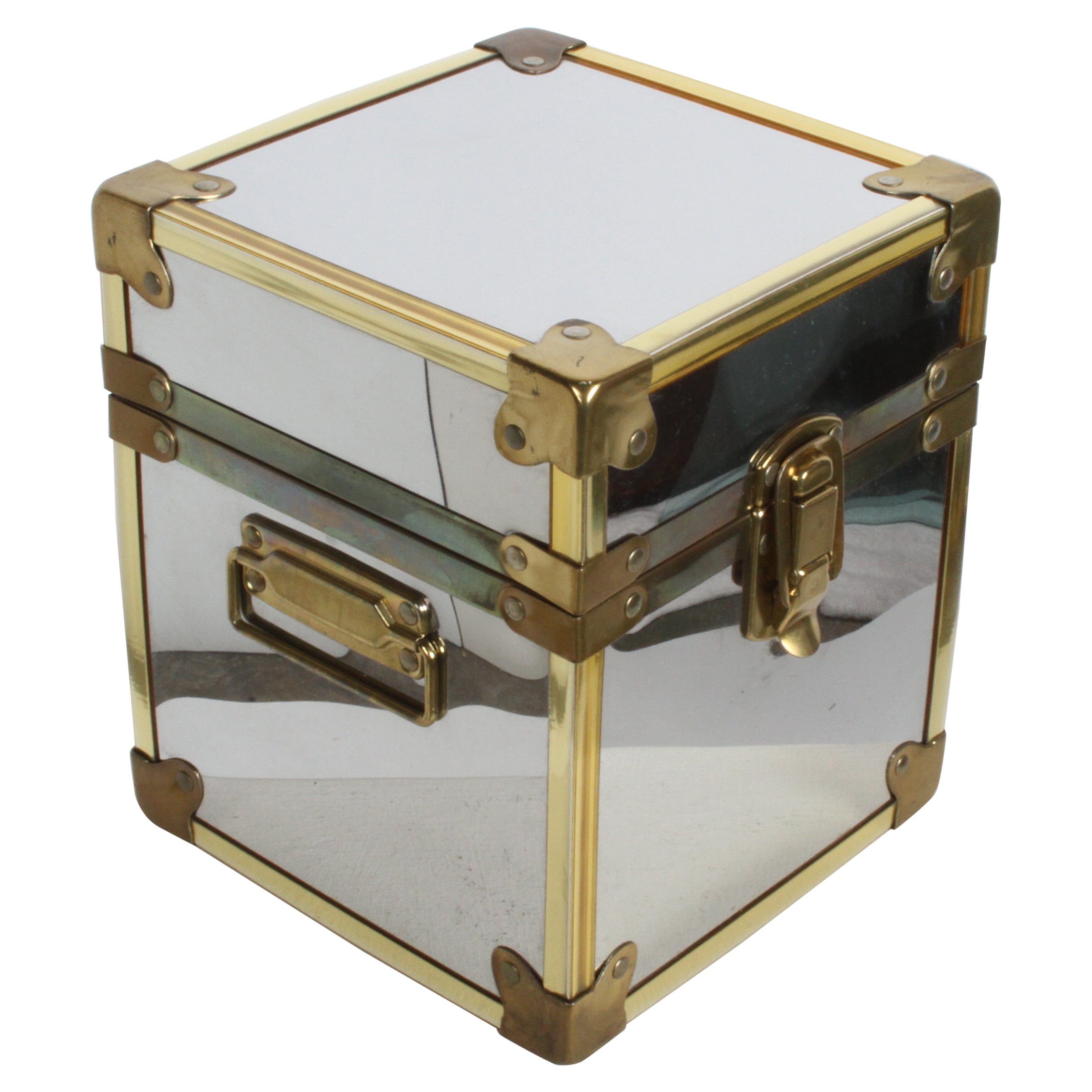 MCM Vintage Chrome & Brass Campaign Chest, Tuck Trunk Bar Ice Bucket, 1970s