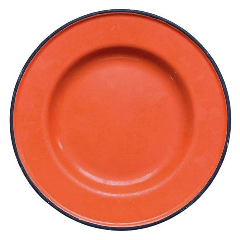 A set of eight vintage metal enamelware dinner plates and salad plates. (Four Each) This bright mid-century modern set will be a great way to add a pop of color to your next dinner party or place setting. Each piece is created from metal and coated