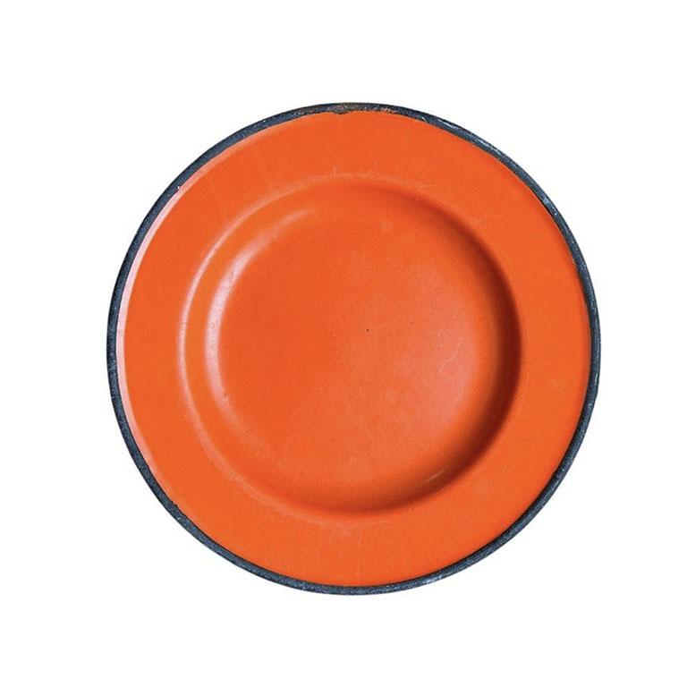 Mid-Century Modern MCM Vintage Orange and Black Enamelware Tableware Plate Set of 8 - Poland For Sale