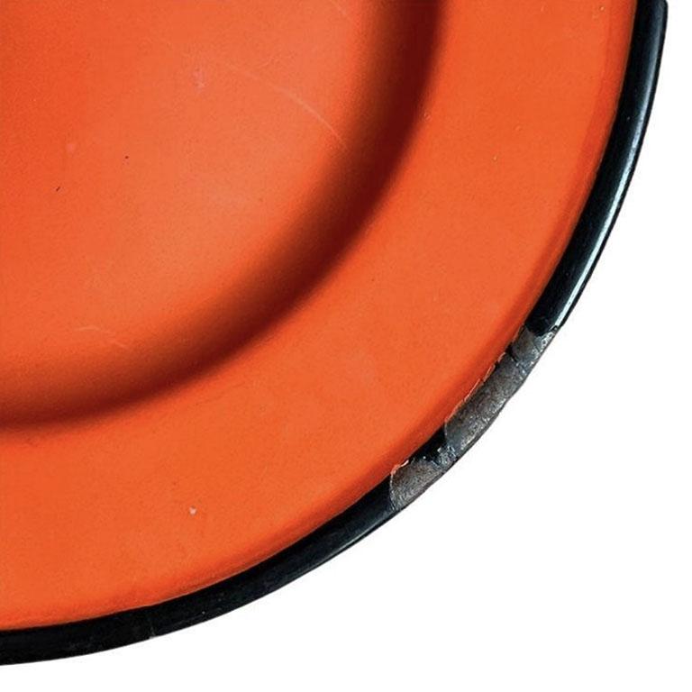 MCM Vintage Orange and Black Enamelware Tableware Plate Set of 8 - Poland In Good Condition For Sale In Oklahoma City, OK