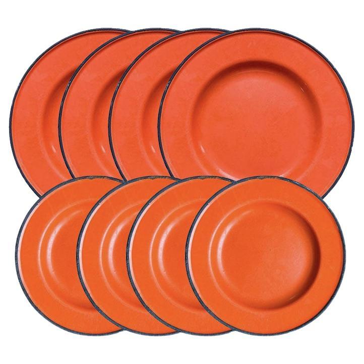 MCM Vintage Orange and Black Enamelware Tableware Plate Set of 8 - Poland For Sale
