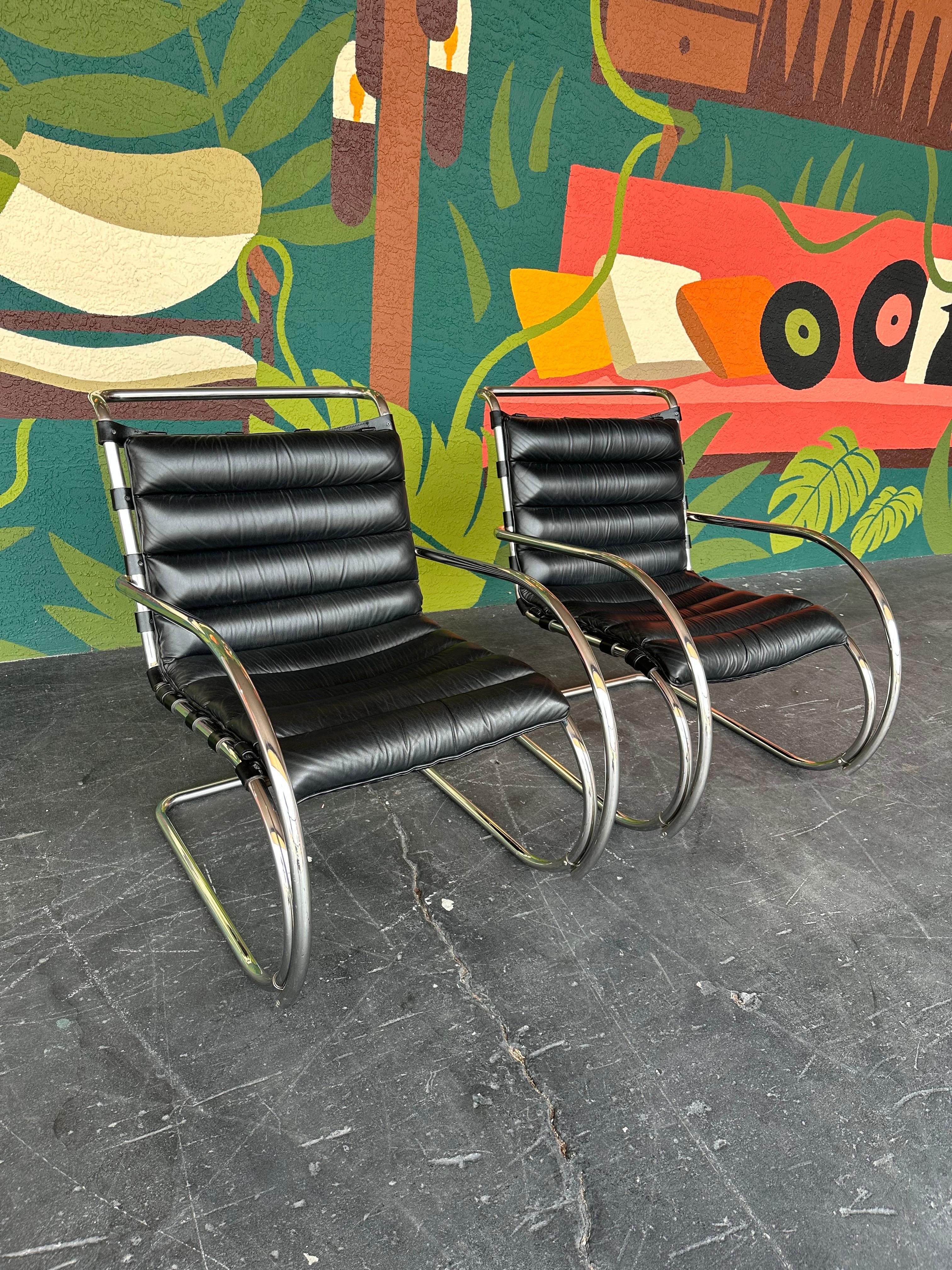 American MCM Vintage Pair of Mies Van Der Rohe MR Leather Lounge Chairs