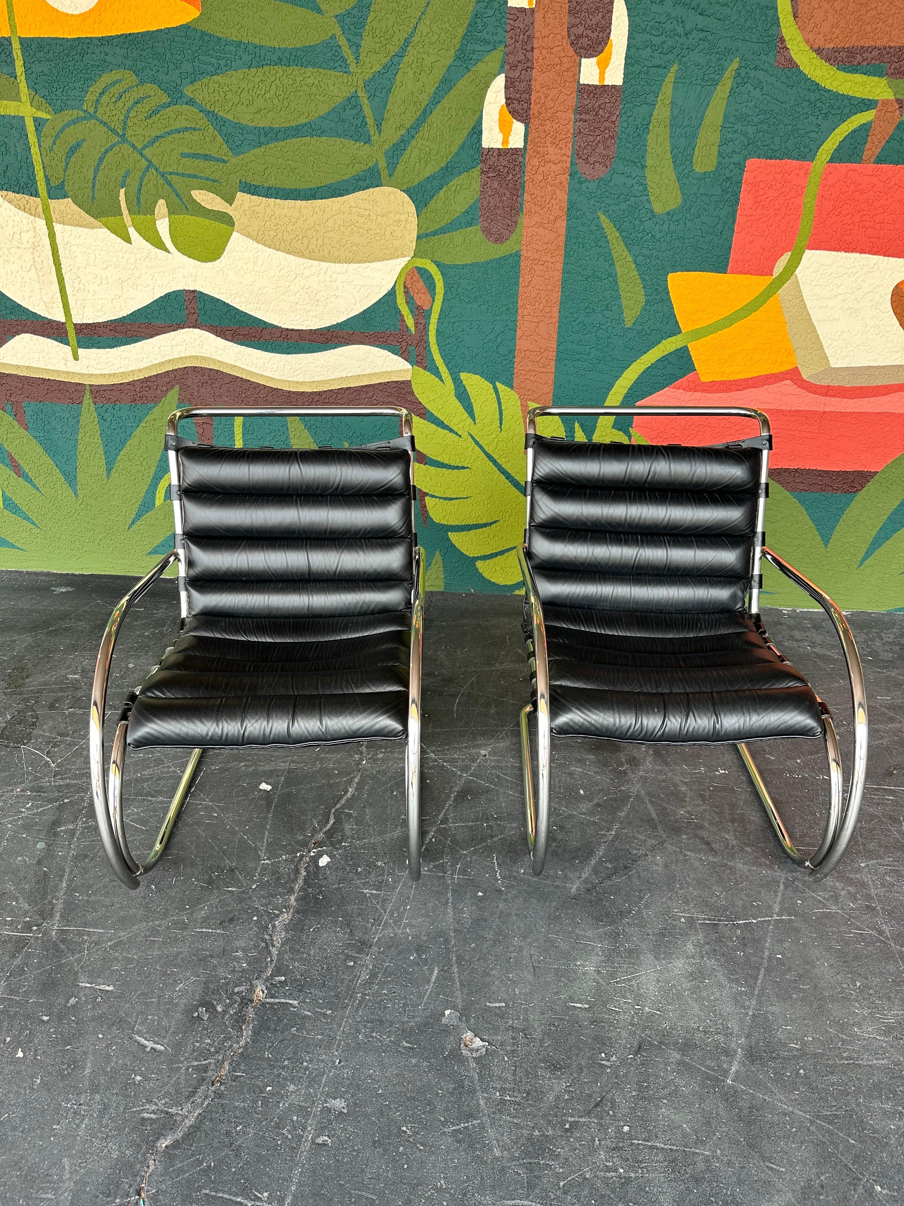 Steel MCM Vintage Pair of Mies Van Der Rohe MR Leather Lounge Chairs