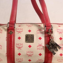 MCM Visetos Barrel Boston Cyllinder Papillon 869320 White Coated Canvas Satchel