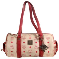 MCM Visetos Barrel Boston Cyllinder Papillon 869320 White Coated Canvas Satchel